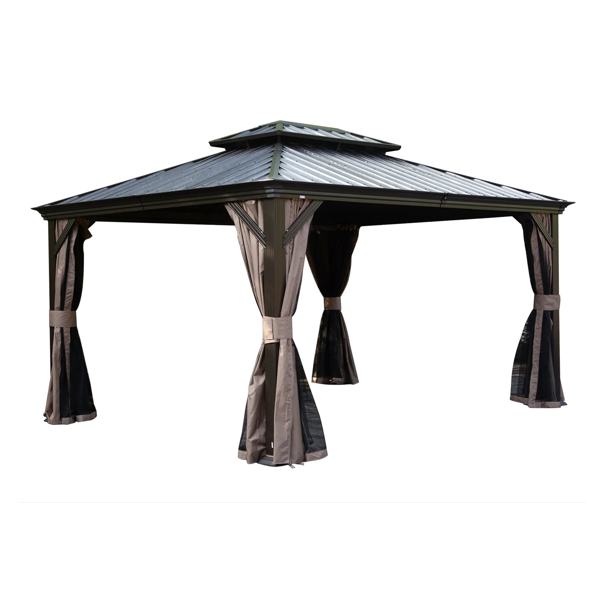 12' X 16' Hardtop Gazebo, Galvanized Steel Double Roof Canopy W/Curtains and Netting, Drainage System, Sunshade for Deck, Lawns and Backyard, Brown.