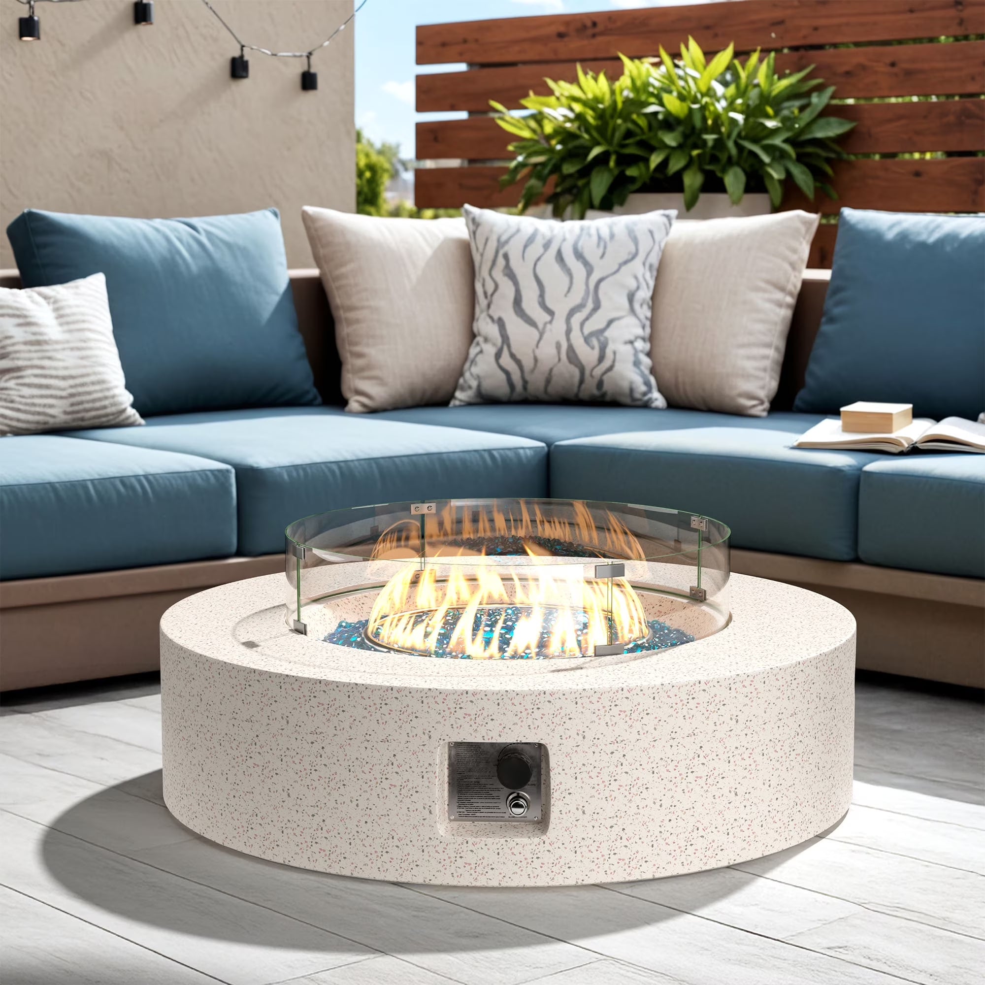 Outdoor Propane Fire Pit Coffee Table, 40.5-Inch Round, White Terrazzo Finish with Wind Guard, Aqua Blue Fire Glass, Rain Cover