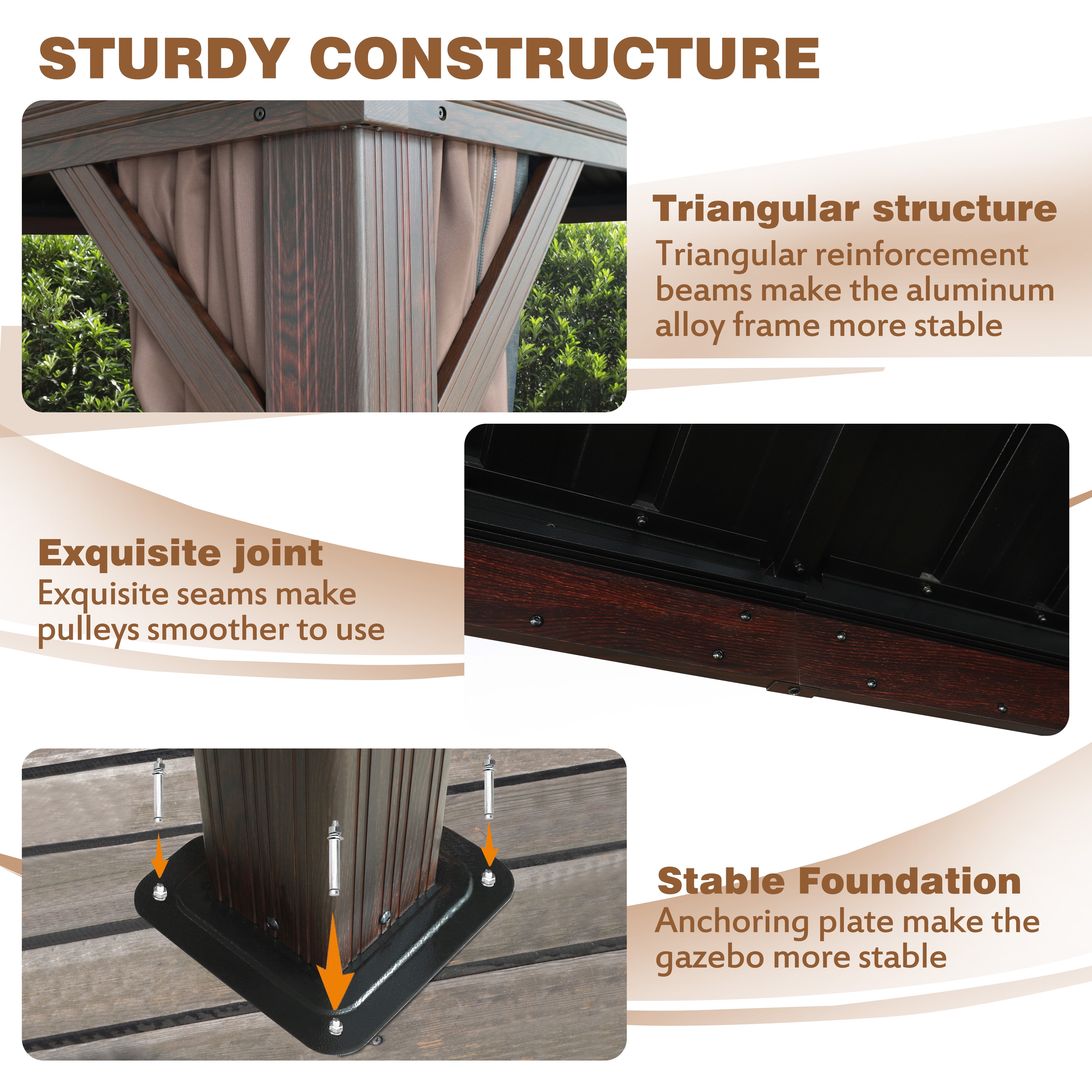 12' X 10' Outdoor Hardtop Gazebo, Water-Resistant Aluminum Wood Grain Gazebo, Rustic