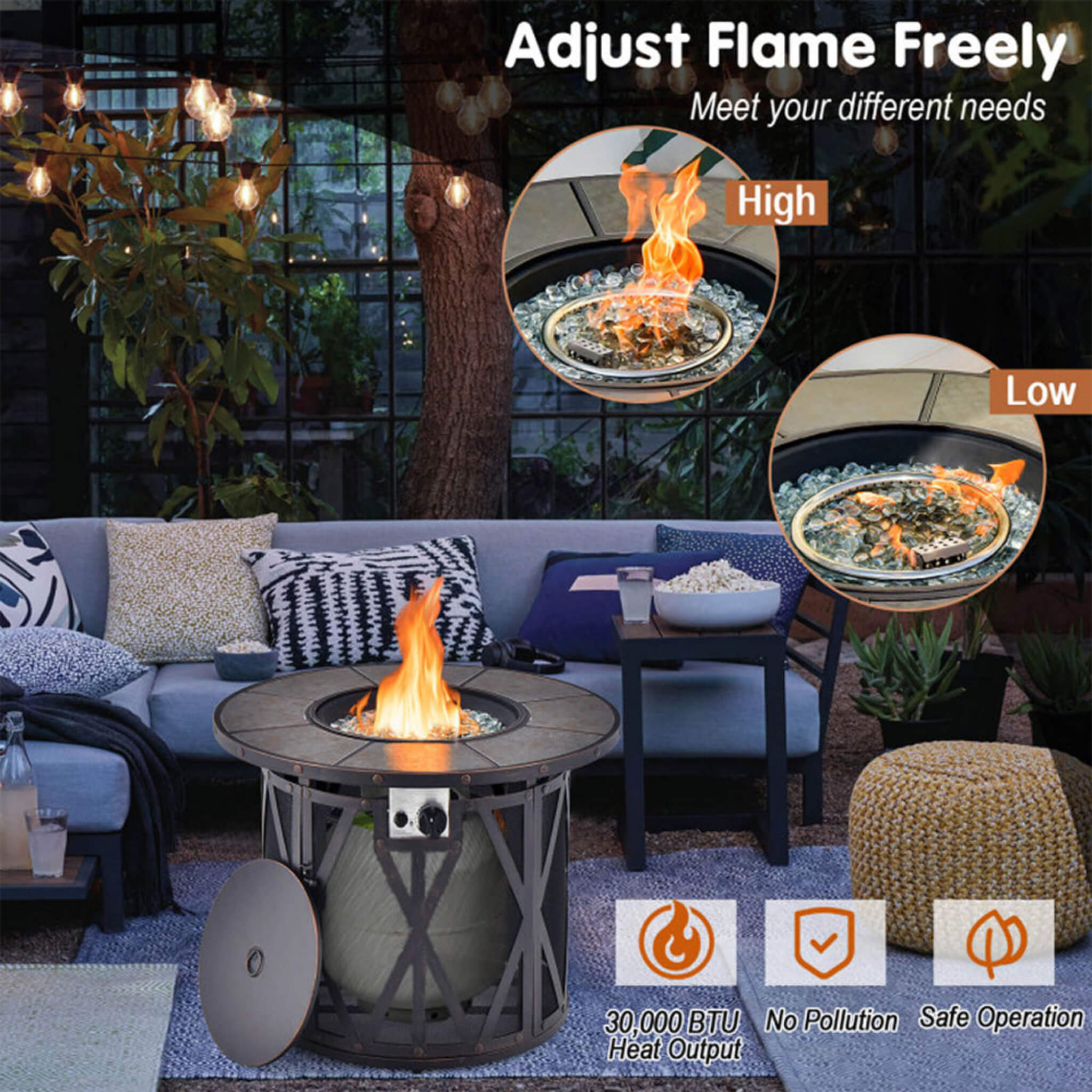 Alora 30K BTU Premium Outdoor Patio Gas Fire Pit Table With Fire Glass And Cover, 32"