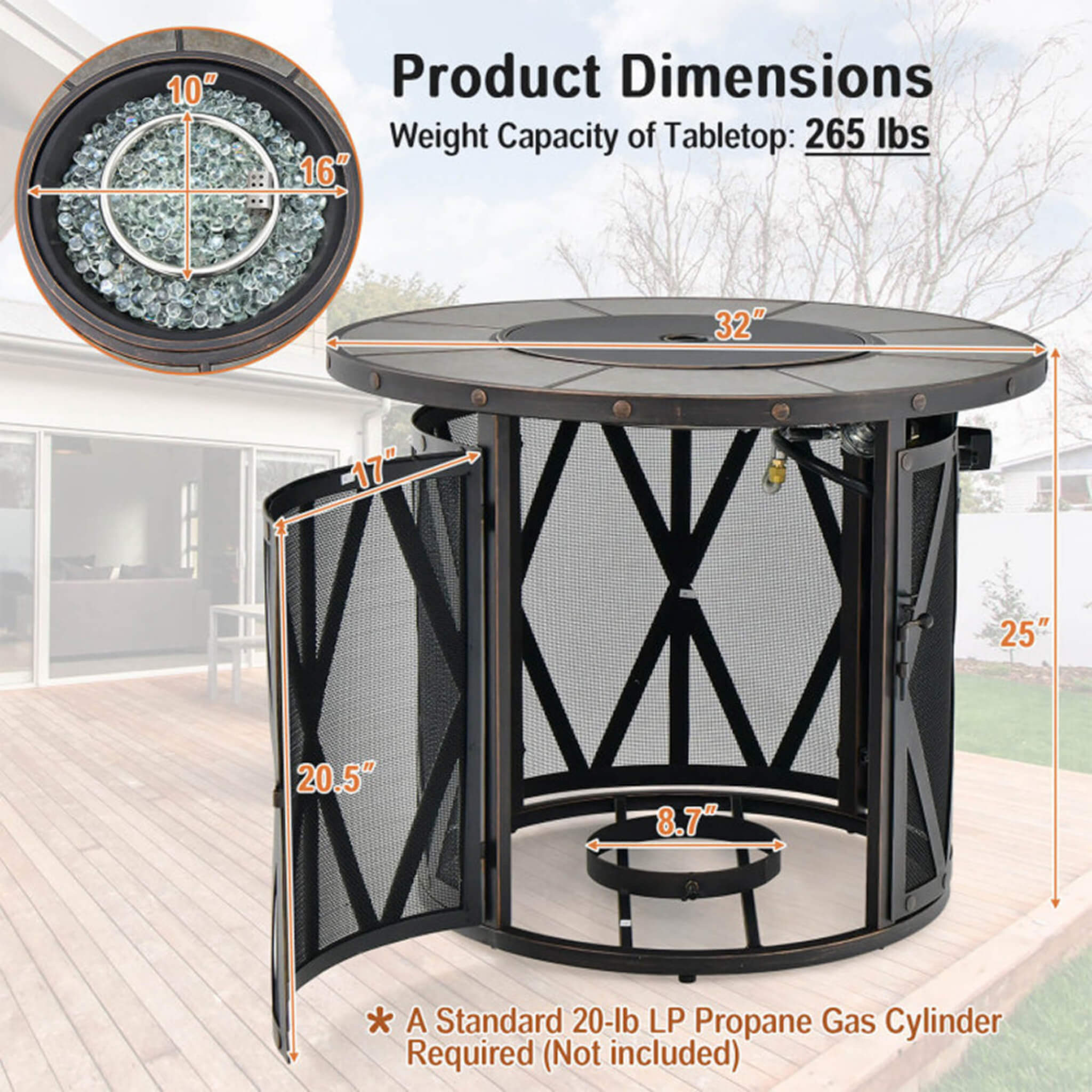 Alora 30K BTU Premium Outdoor Patio Gas Fire Pit Table With Fire Glass And Cover, 32"