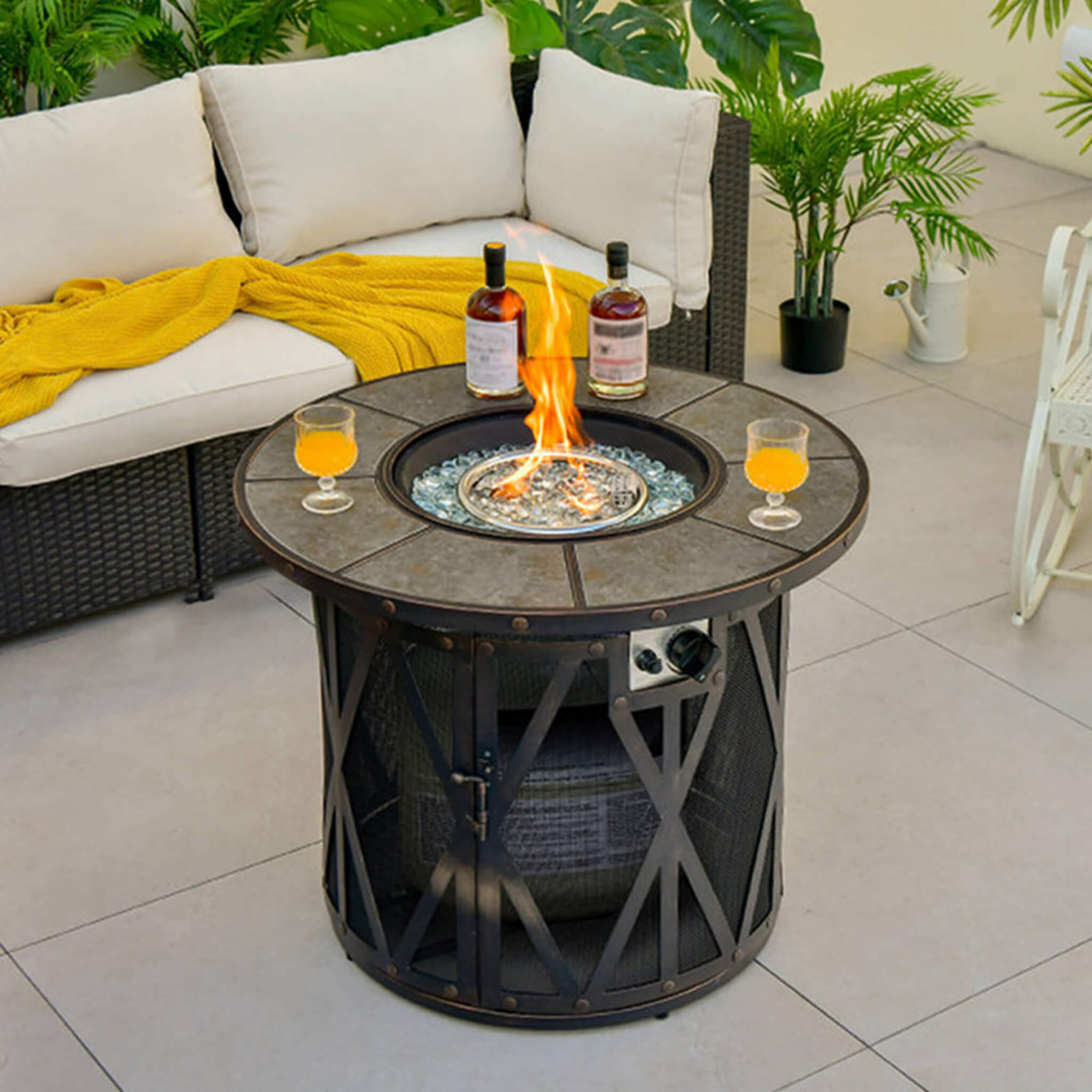 Alora 30K BTU Premium Outdoor Patio Gas Fire Pit Table With Fire Glass And Cover, 32"