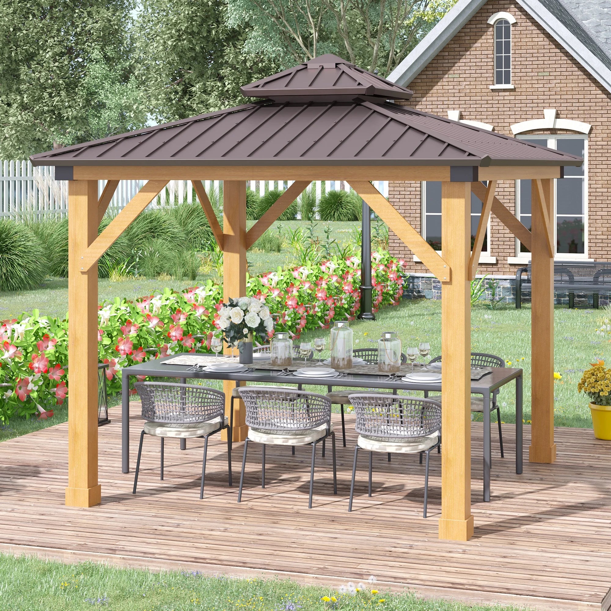 10X10 Hardtop Gazebo with Wooden Frame, Permanent Metal Roof Gazebo Canopy with Ceiling Light Hook for Garden, Patio, Backyard, Brown