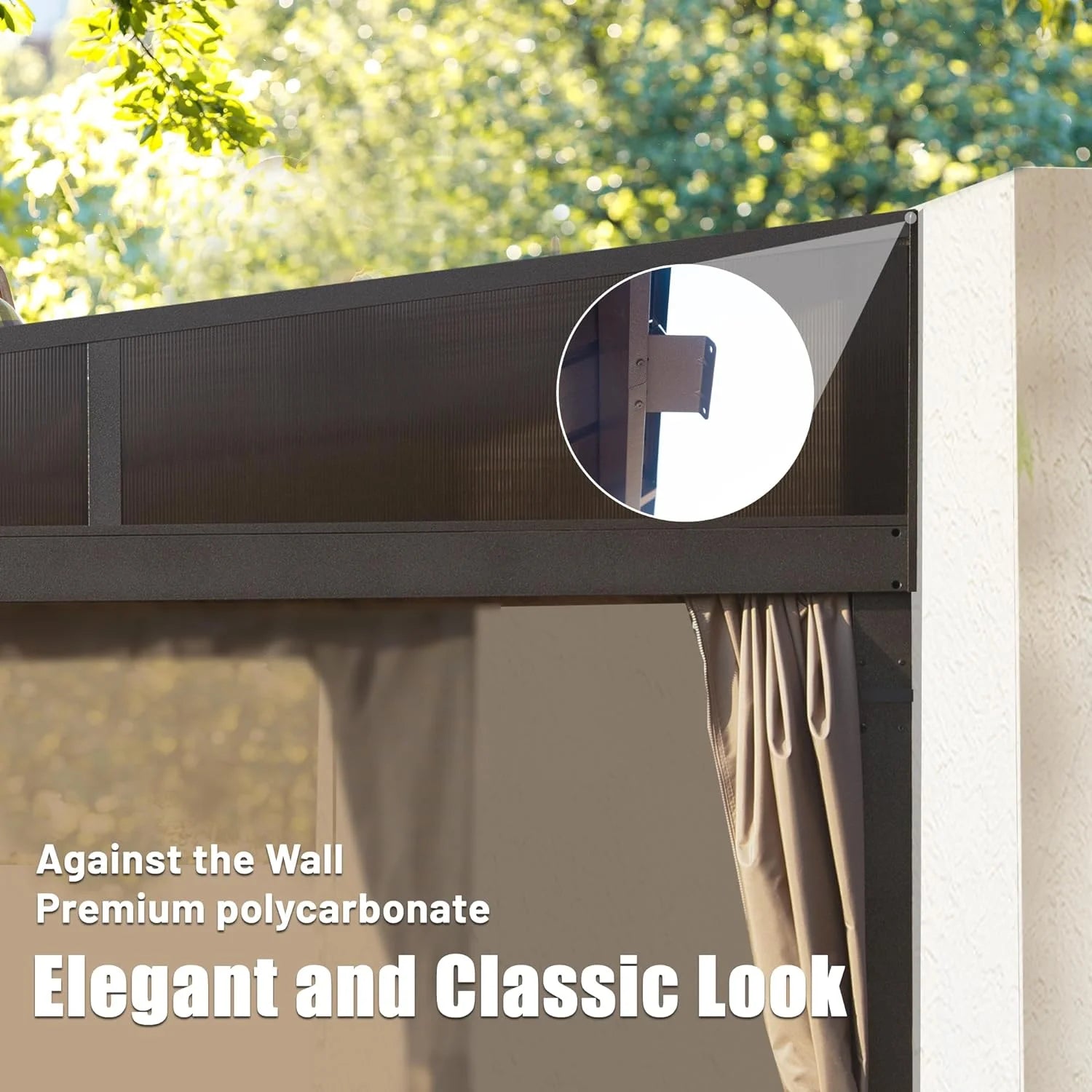 12X14Ft Lean to Gazebo, Hardtop Wall Mounted Gazebo with Sloping Galvanized Steel Roof, Wall Pergola with Aluminum Frame, Curtains and Netting, for Patio, Deck, Garden, Backyard