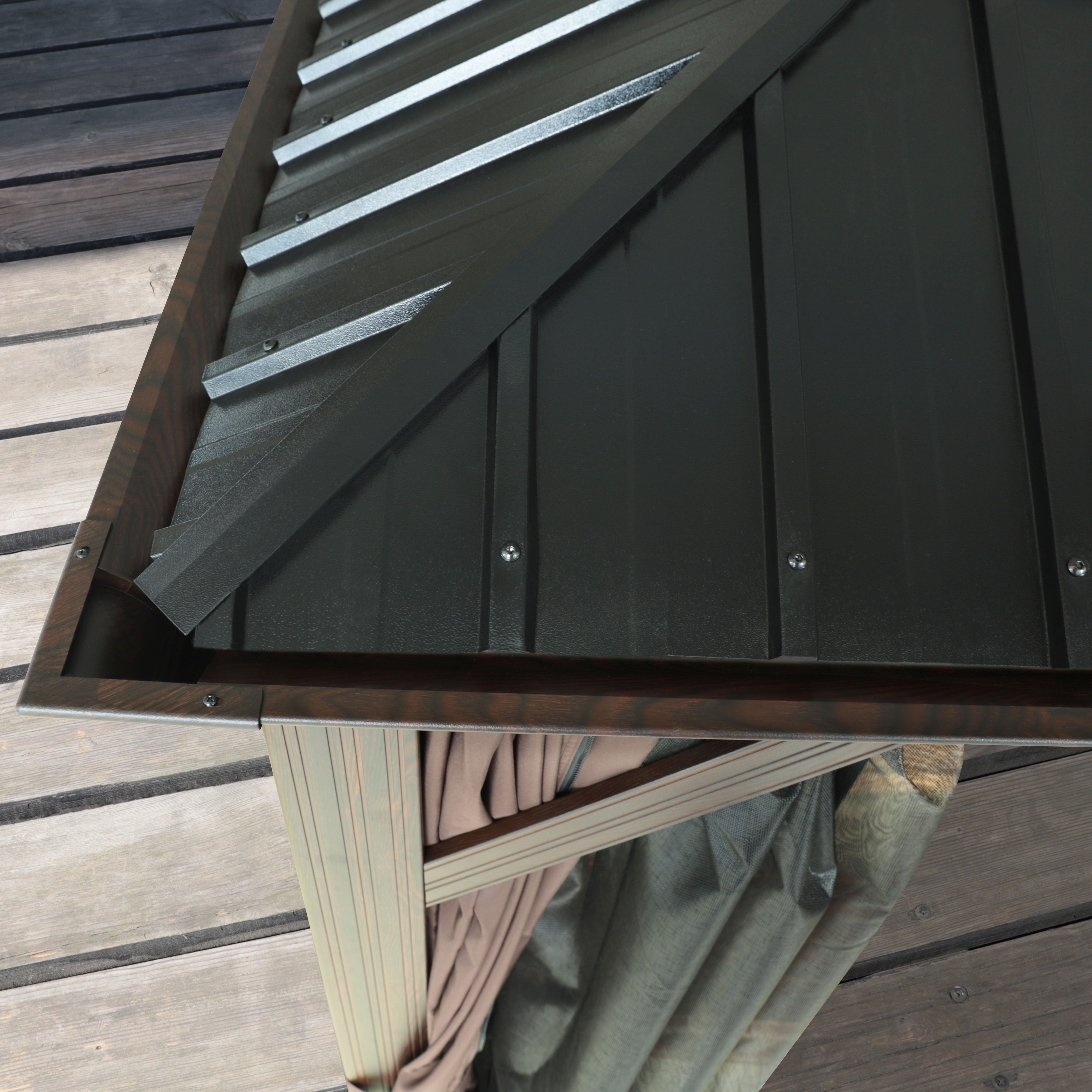 12' X 10' Outdoor Hardtop Gazebo, Water-Resistant Aluminum Wood Grain Gazebo, Rustic