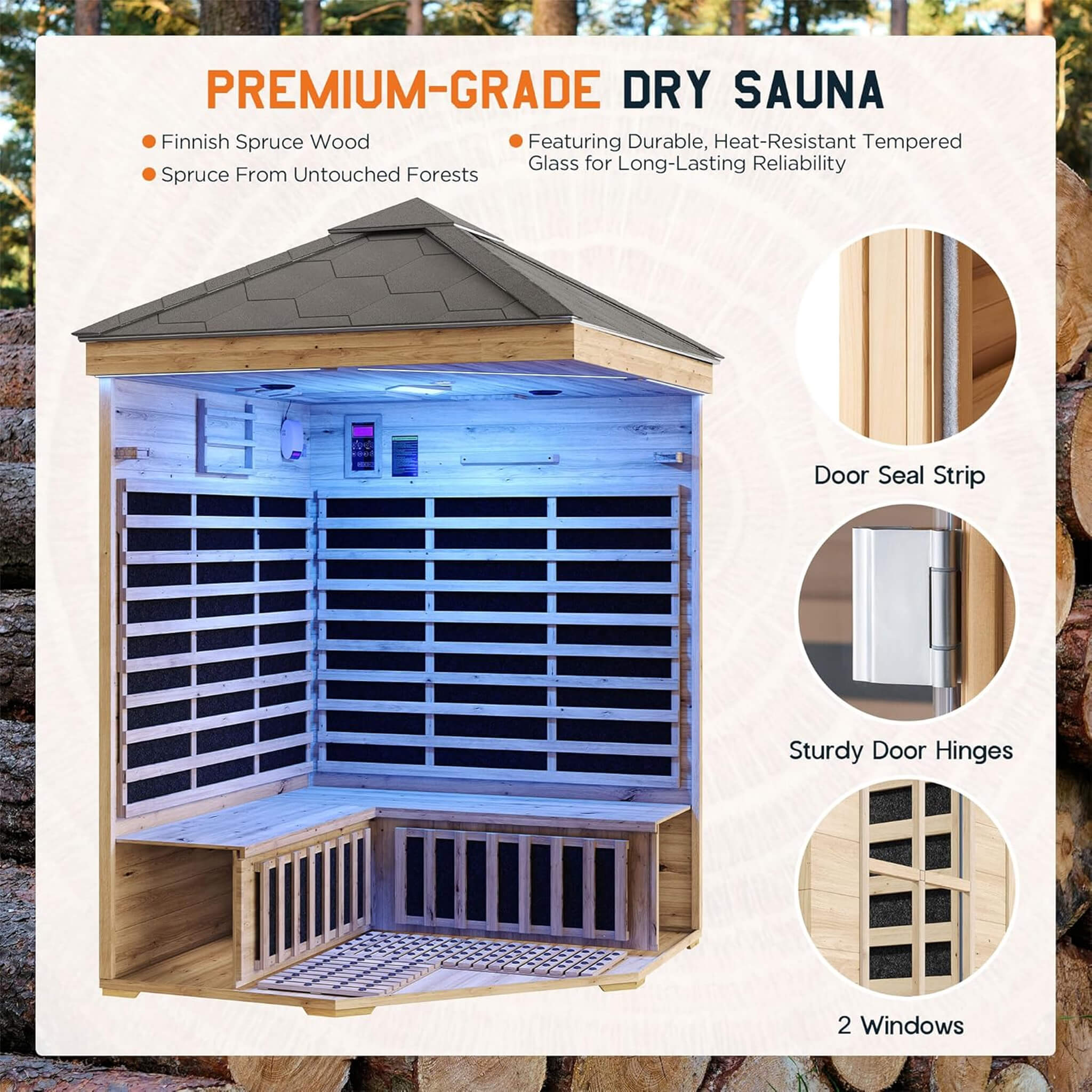 Thermora Monaco 4-Person Low EMF Spruce Wood Outdoor Infrared Sauna With Bluetooth Speakers And LED Lights (SAK16270)