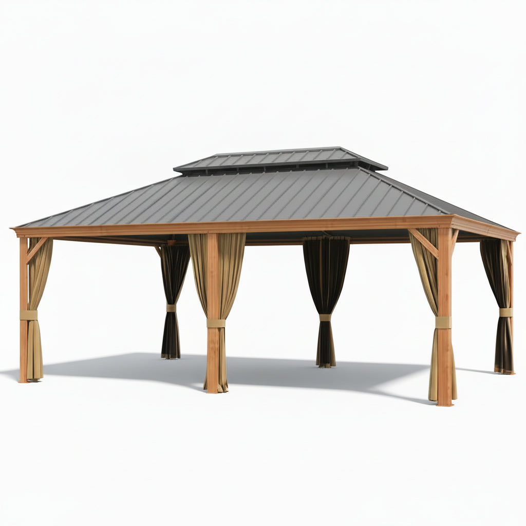 14 Ft. X 20 Ft. Double Galvanized Steel Roof Aluminum Frame Outdoor Patio Hardtop Gazebo Wooden Finish Coated