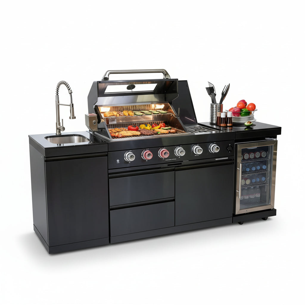 Daheet Outdoor Kitchen Island Black Stainless Steel with Sink & 46-Inch 4-Burner 72000 BTU Grill, Wine Cooler, Refrigerator, Rotisserie Kit & Granite Countertops