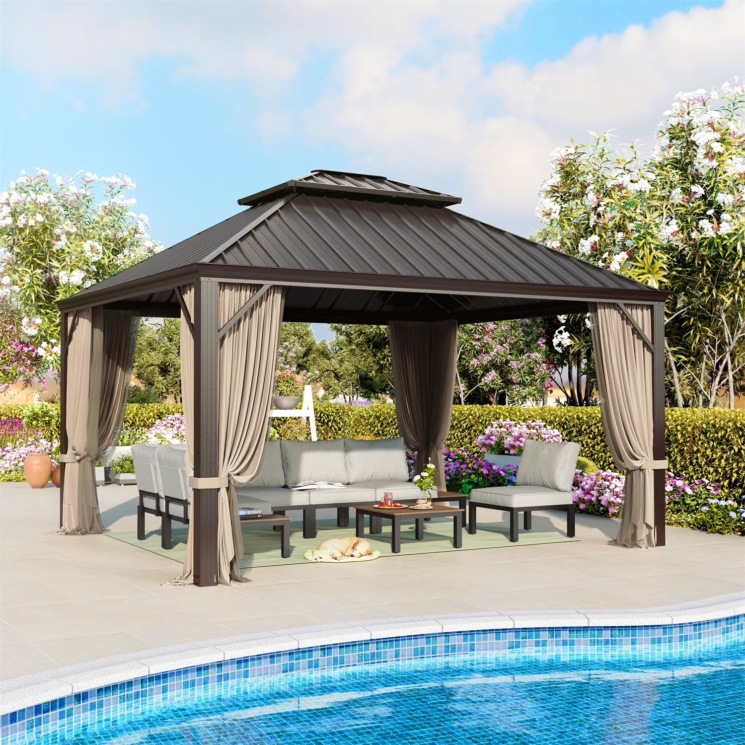 12' X 14' Hardtop Gazebo Aluminum Frame Galvanized Steel Double Roof Patio Gazebo with Netting & Curtains Brown