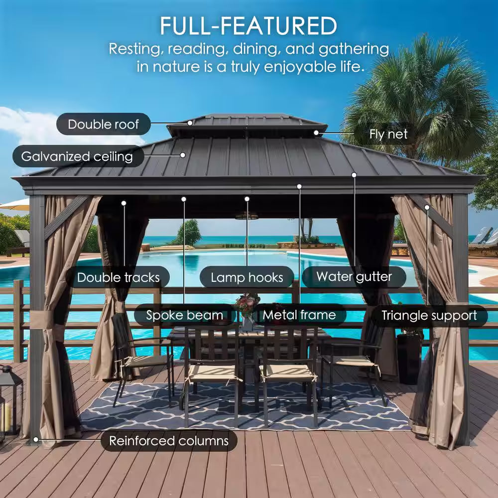 Alexander 10 Ft. X 12 Ft. Aluminum Gray Hardtop Gazebo with Galvanized Steel Roof Gray Color