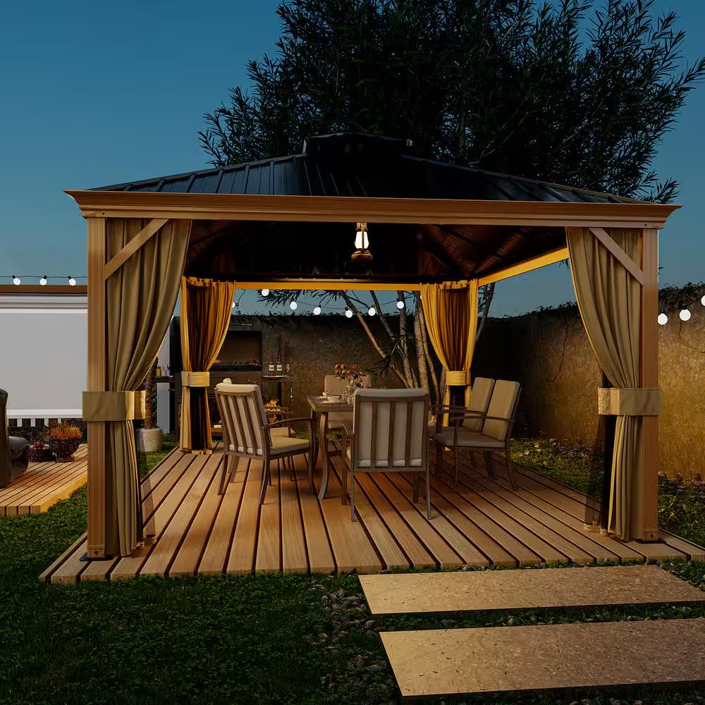 12 Ft. X 16 Ft. Double Roof Hardtop Wood Grain Aluminum Patio Gazebo with Netting and Khaki Curtains
