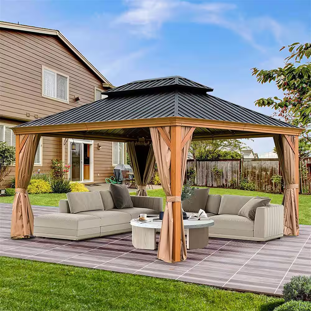 12 Ft. X 14 Ft. Wooden Coated Aluminum Frame Patio Gazebo Canopy with Galvanized Steel Double Hardtop Curtain Netting