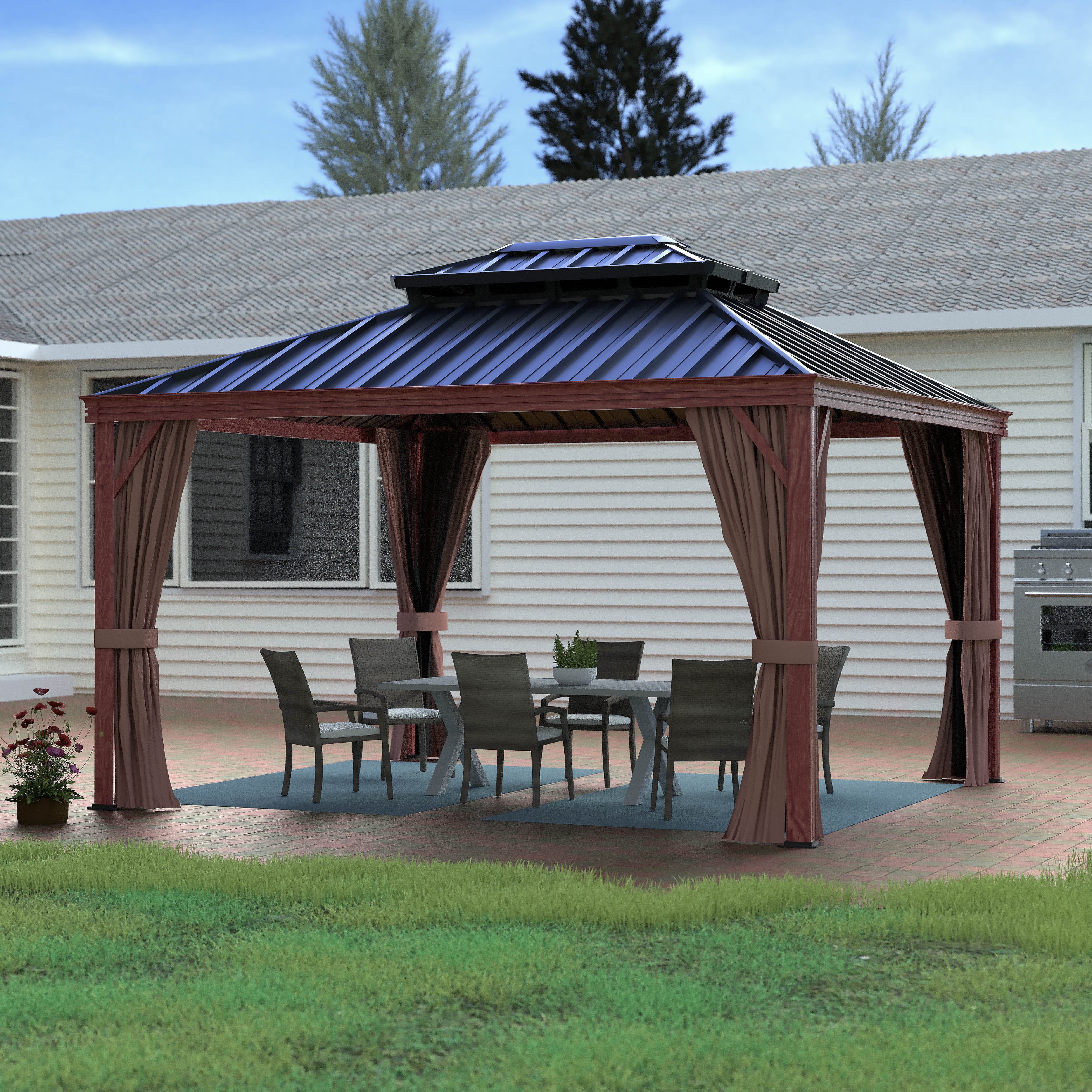 12' X 10' Outdoor Hardtop Gazebo, Water-Resistant Aluminum Wood Grain Gazebo, Rustic