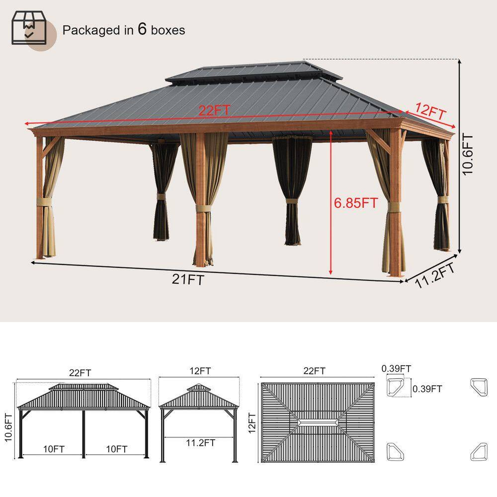 12 Ft. X 22 Ft. Double Galvanized Steel Roof Aluminum Frame Outdoor Patio Hardtop Gazebo Wooden Finish Coated