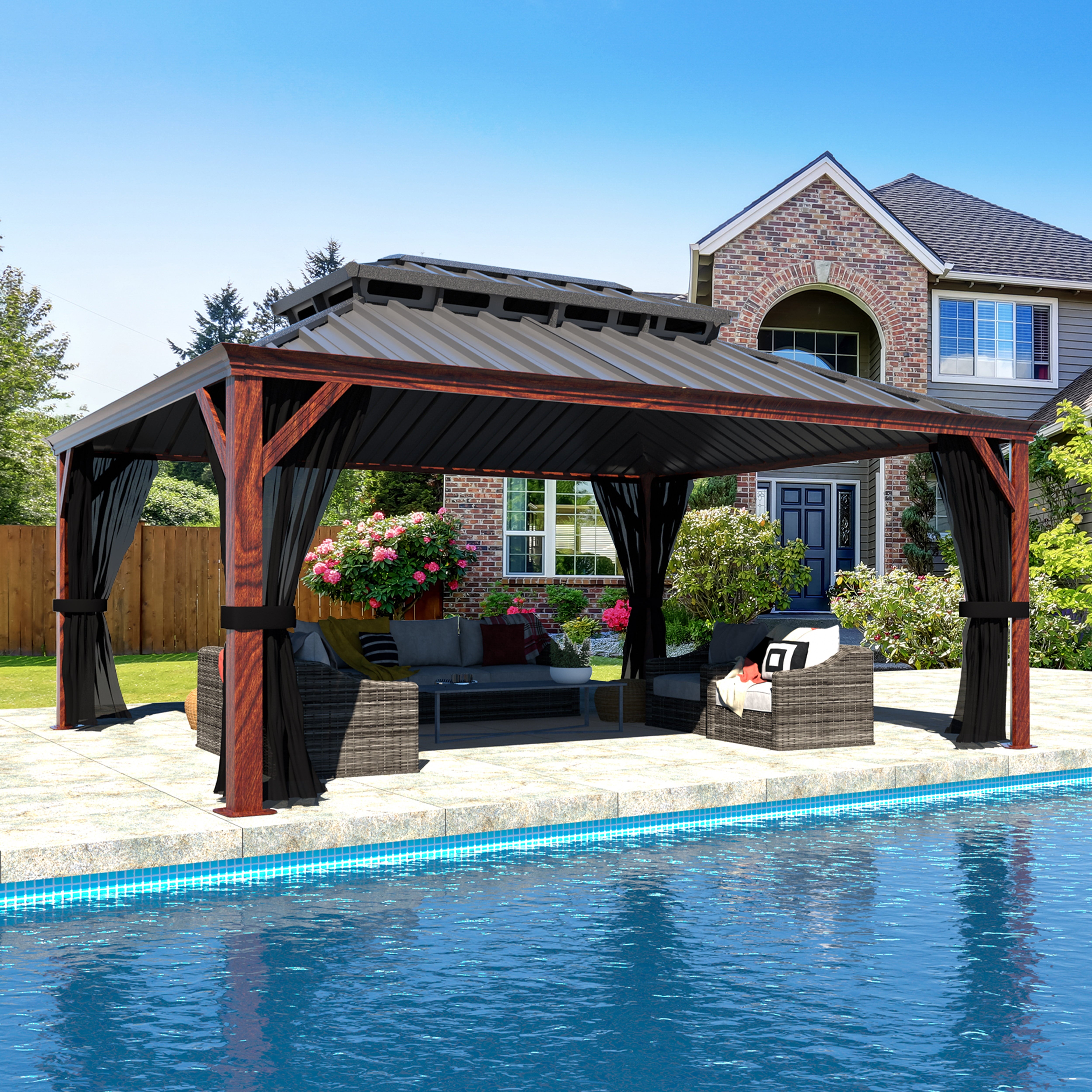 12' X 16' Outdoor Hardtop Gazebo, Wood Grain Gazebo W/Double Metal Roof for Patio, Rustic