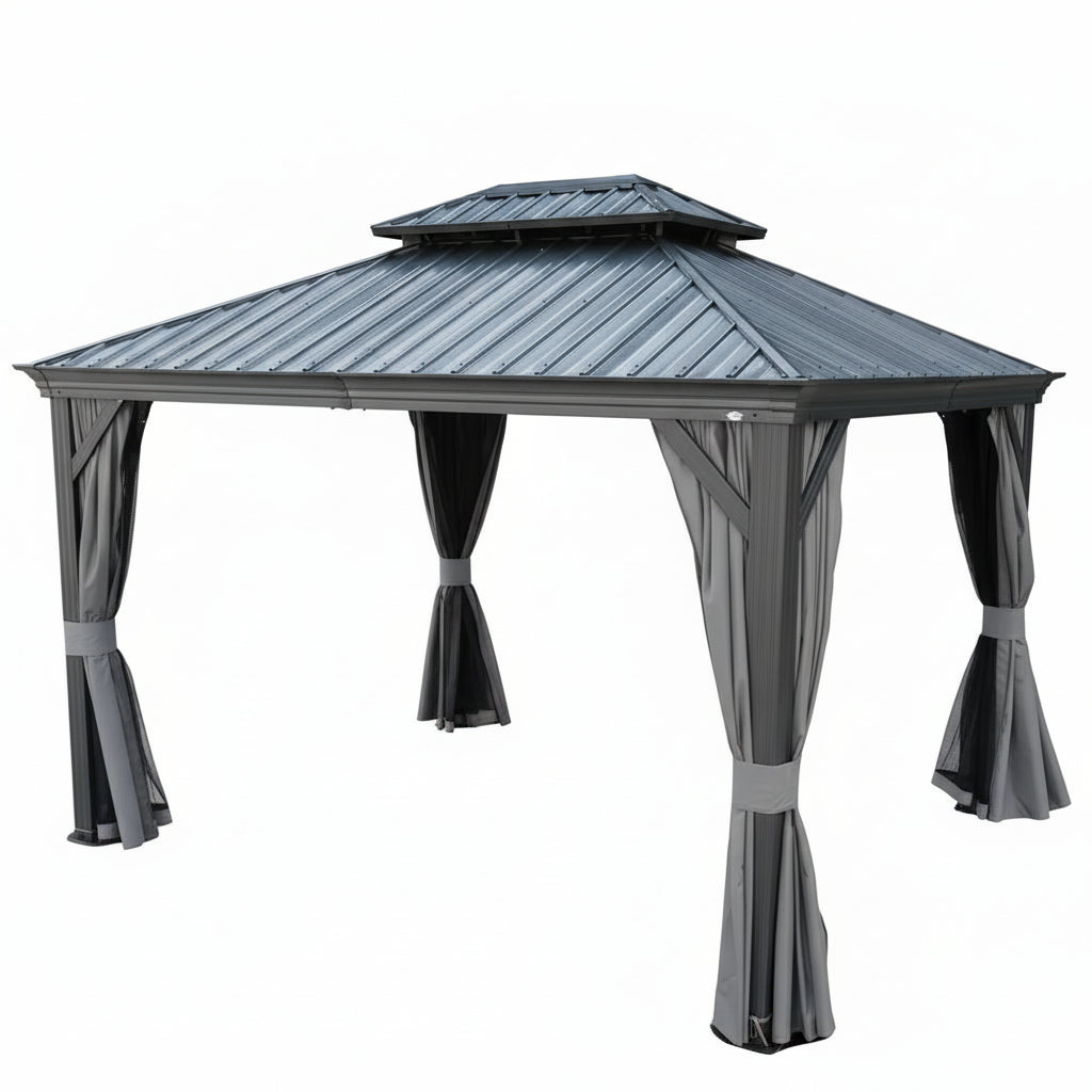 Alexander 10 Ft. X 12 Ft. Aluminum Gray Hardtop Gazebo with Galvanized Steel Roof Gray Color