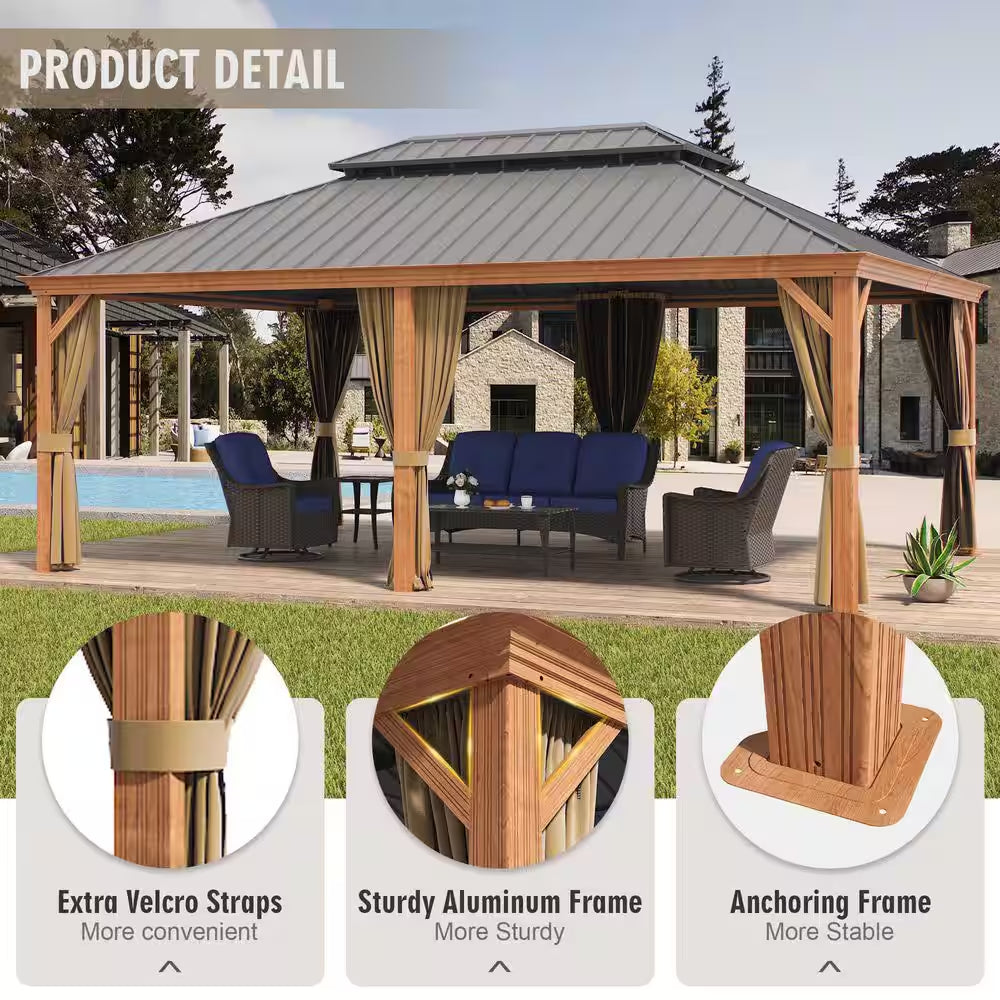 14 Ft. X 20 Ft. Double Galvanized Steel Roof Aluminum Frame Outdoor Patio Hardtop Gazebo Wooden Finish Coated