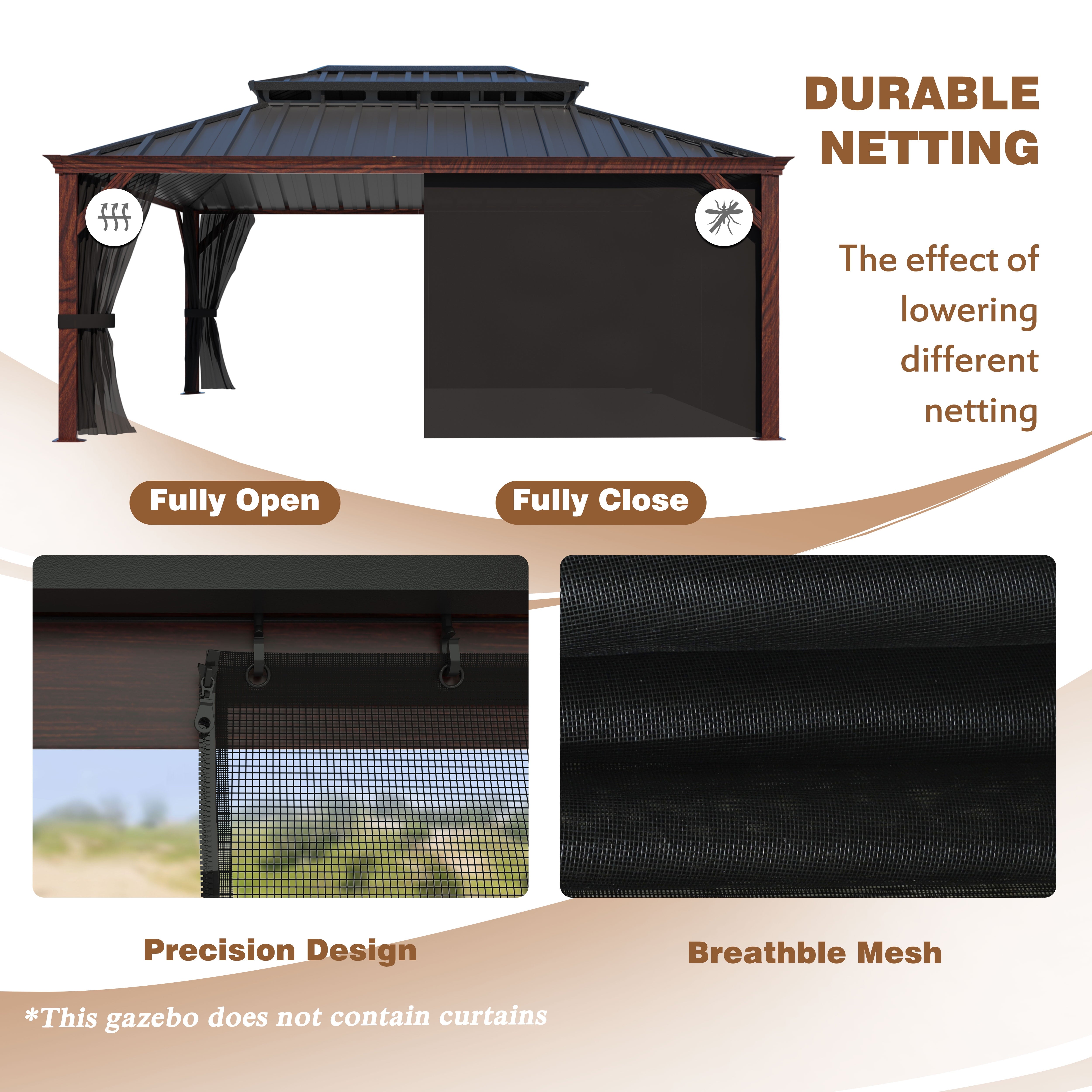 12' X 16' Outdoor Hardtop Gazebo, Wood Grain Gazebo W/Double Metal Roof for Patio, Rustic