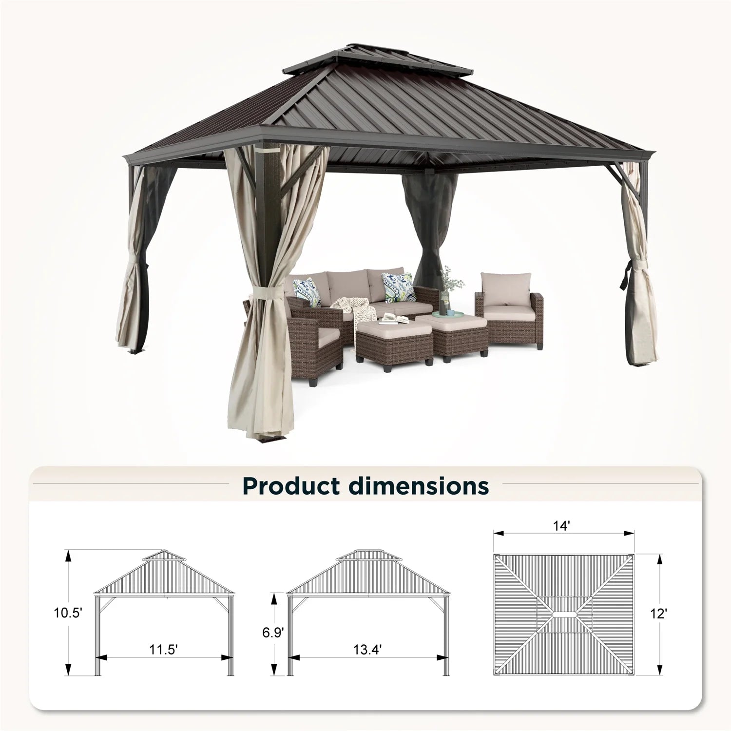 12' X 14' Hardtop Gazebo Aluminum Frame Galvanized Steel Double Roof Patio Gazebo with Netting & Curtains Brown