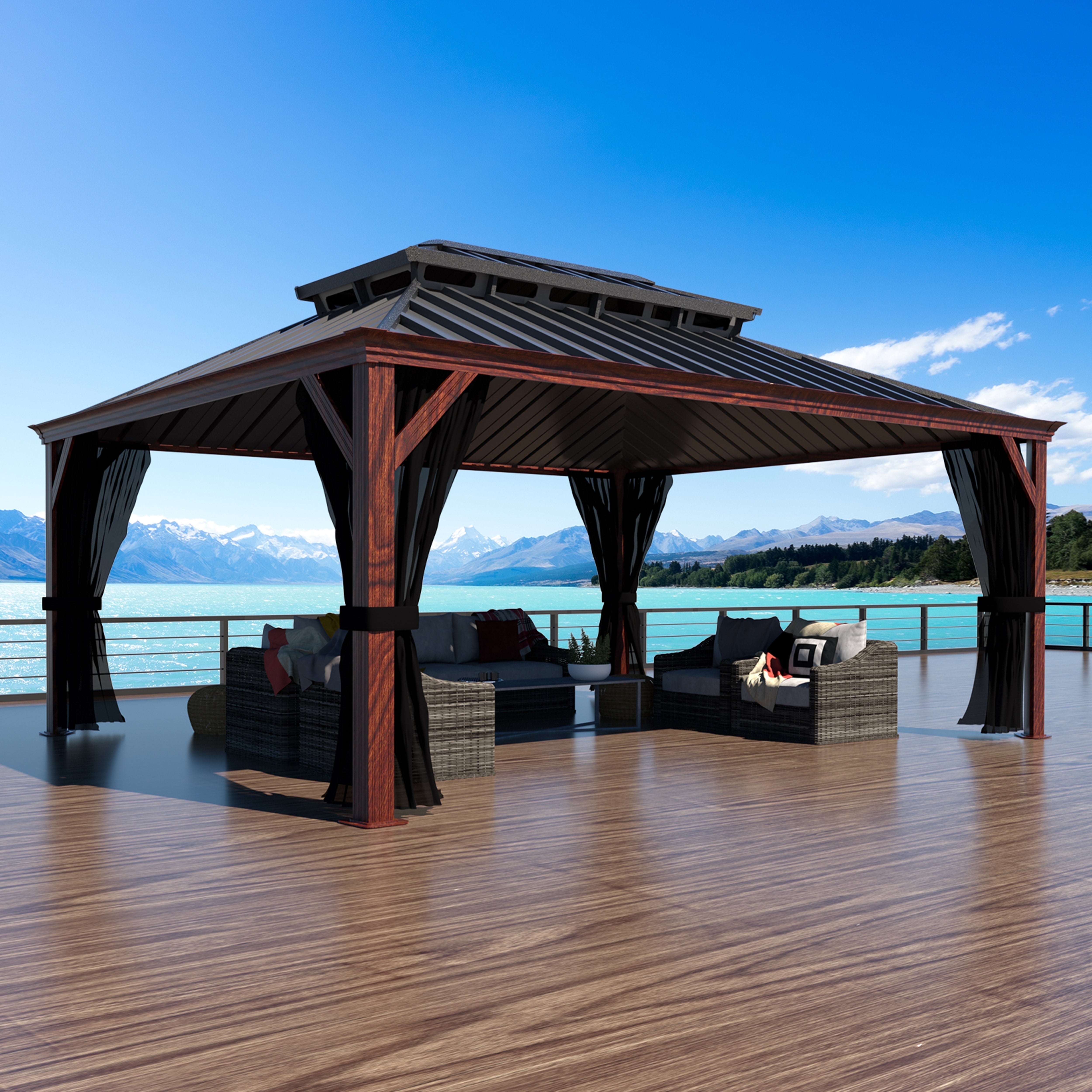 12' X 16' Outdoor Hardtop Gazebo, Wood Grain Gazebo W/Double Metal Roof for Patio, Rustic
