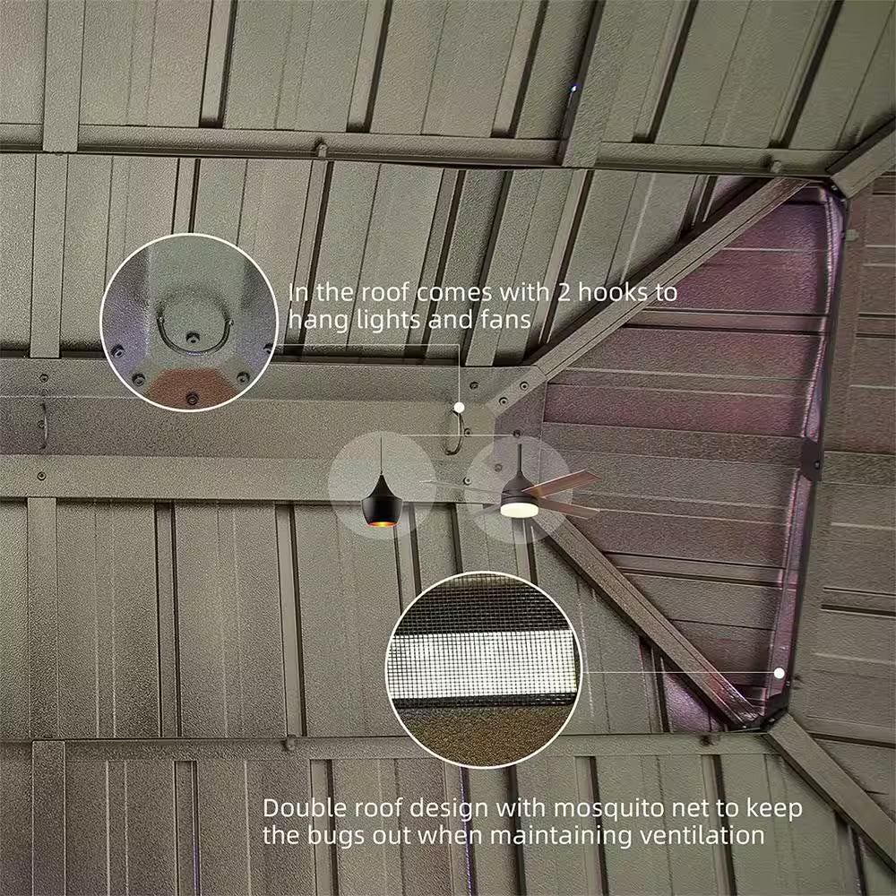 12 Ft. X 14 Ft. Wooden Coated Aluminum Frame Patio Gazebo Canopy with Galvanized Steel Double Hardtop Curtain Netting