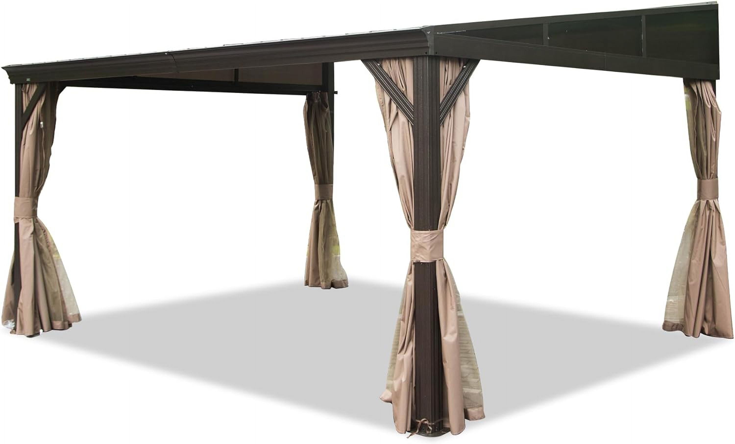 12X14Ft Lean to Gazebo, Hardtop Wall Mounted Gazebo with Sloping Galvanized Steel Roof, Wall Pergola with Aluminum Frame, Curtains and Netting, for Patio, Deck, Garden, Backyard