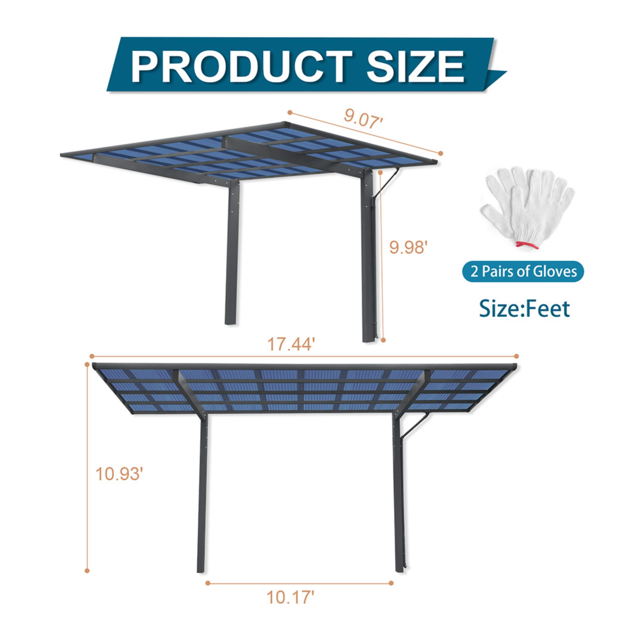 [10X17FT] Alora Extra-Large Heavy-Duty Outdoor Aluminum Single Side Carport With Galvanized Metal Roof