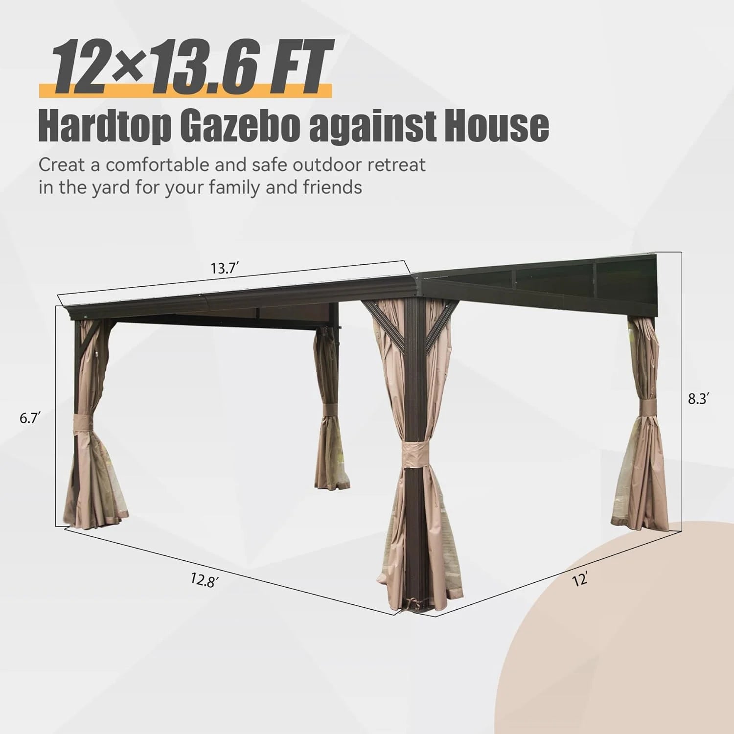 12X14Ft Lean to Gazebo, Hardtop Wall Mounted Gazebo with Sloping Galvanized Steel Roof, Wall Pergola with Aluminum Frame, Curtains and Netting, for Patio, Deck, Garden, Backyard