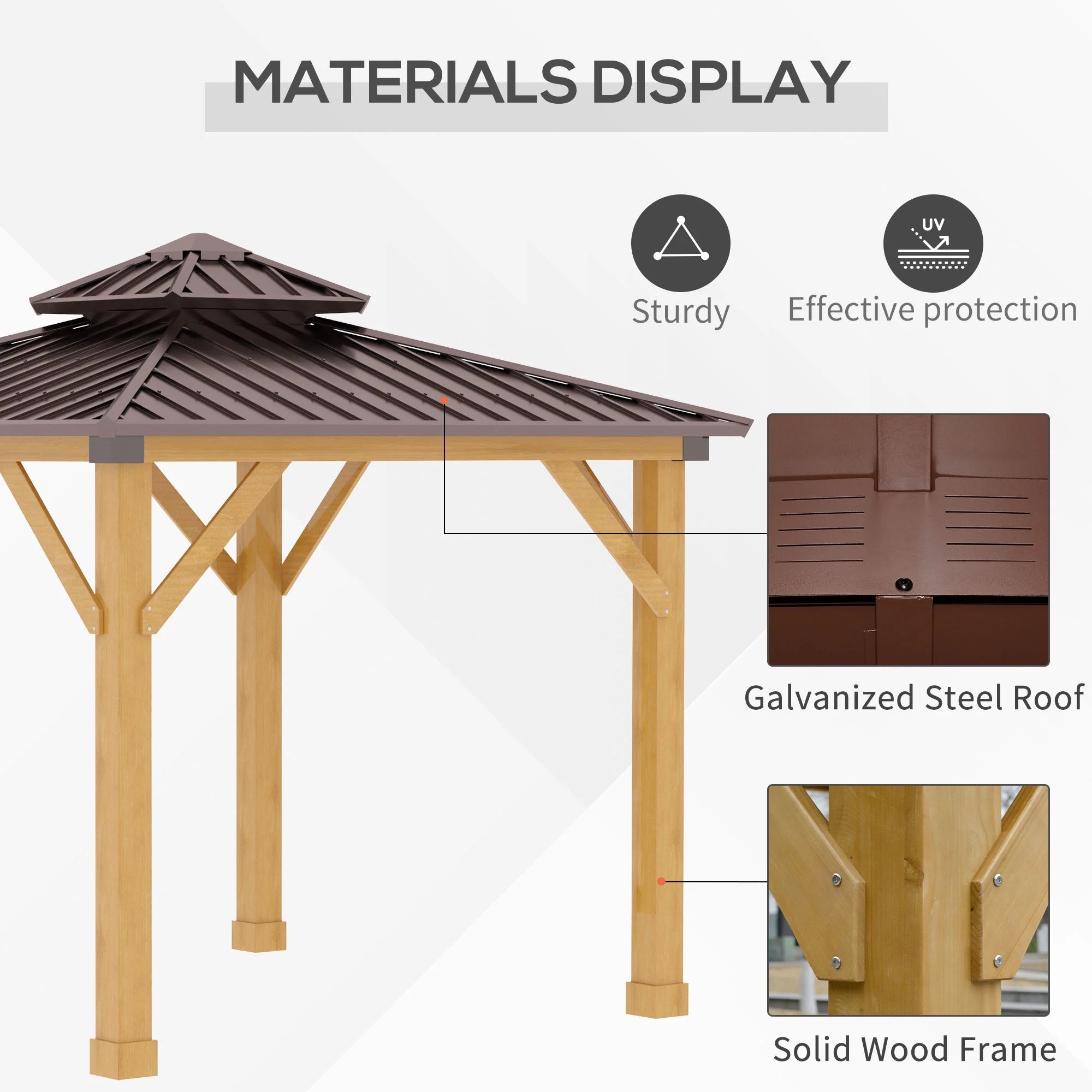 10X10 Hardtop Gazebo with Wooden Frame, Permanent Metal Roof Gazebo Canopy with Ceiling Light Hook for Garden, Patio, Backyard, Brown