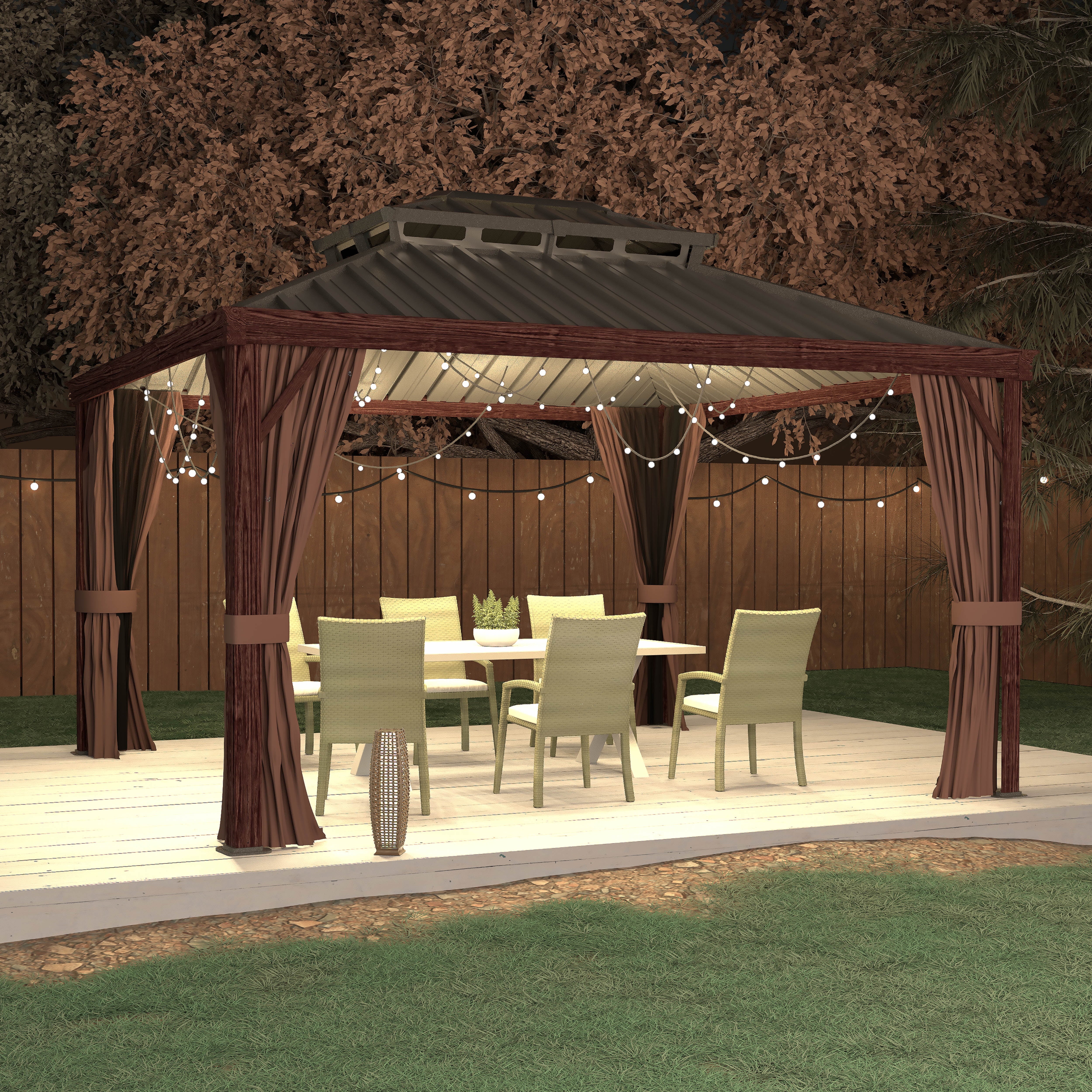 12' X 10' Outdoor Hardtop Gazebo, Water-Resistant Aluminum Wood Grain Gazebo, Rustic