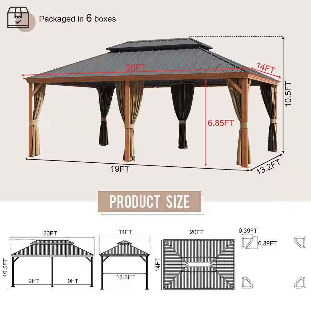 14 Ft. X 20 Ft. Double Galvanized Steel Roof Aluminum Frame Outdoor Patio Hardtop Gazebo Wooden Finish Coated
