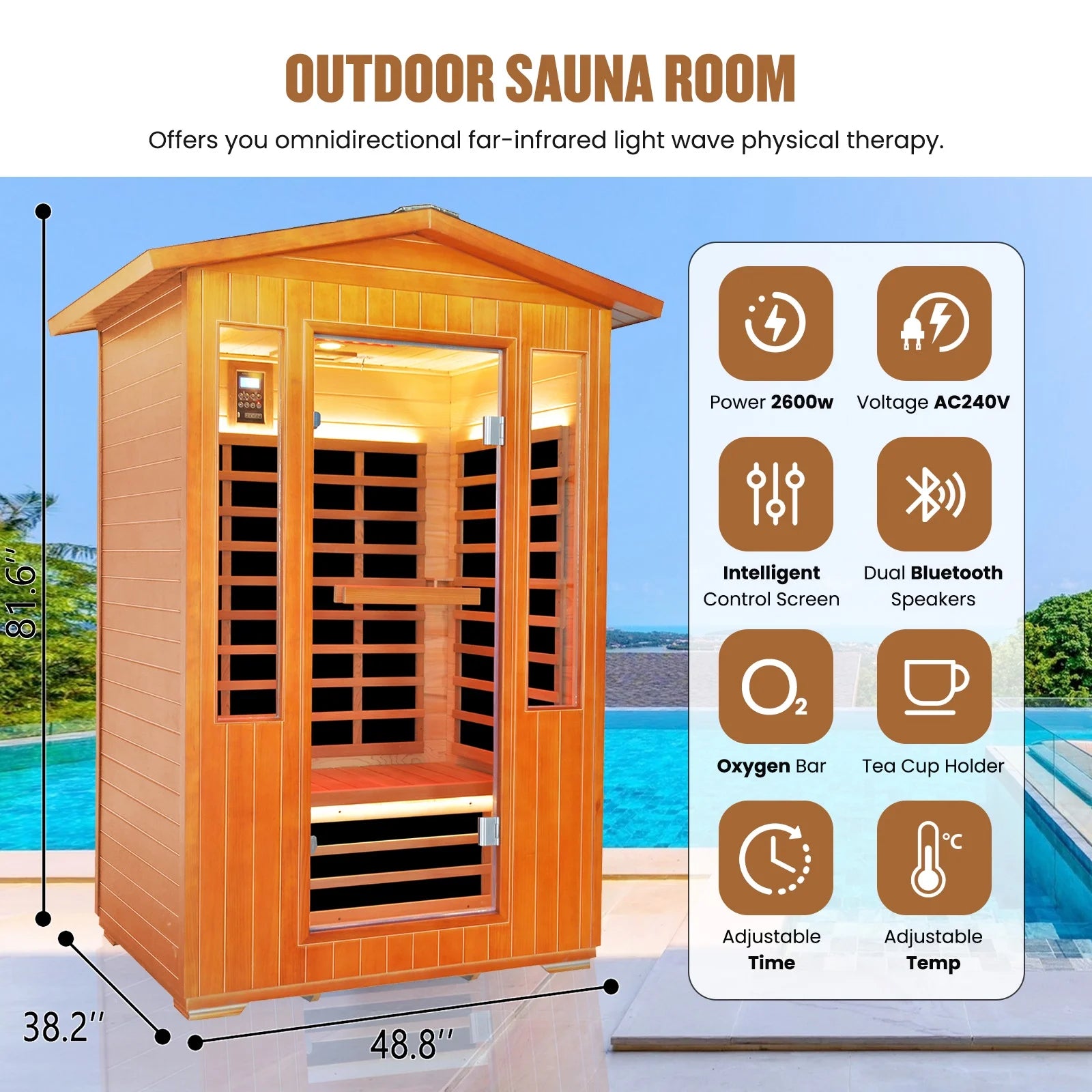 Outdoor 2 Person Saunas Far Infrared Sauna with Reading Light, 2000W Red Cedar Low EMF Dry Sauna for Garden & Courtyard, Includes Oxygen Bar, Cup Holders & Bluetooth Speakers