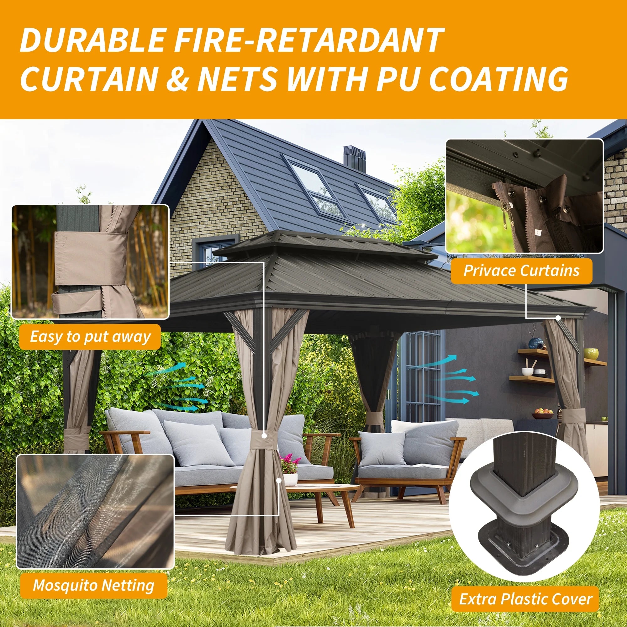 12' X 16' Hardtop Gazebo, Galvanized Steel Double Roof Canopy W/Curtains and Netting, Drainage System, Sunshade for Deck, Lawns and Backyard, Brown.