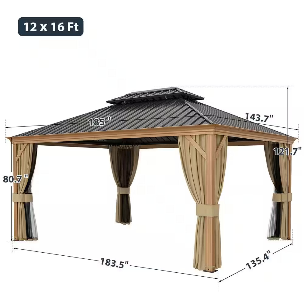 12 Ft. X 16 Ft. Double Roof Hardtop Wood Grain Aluminum Patio Gazebo with Netting and Khaki Curtains