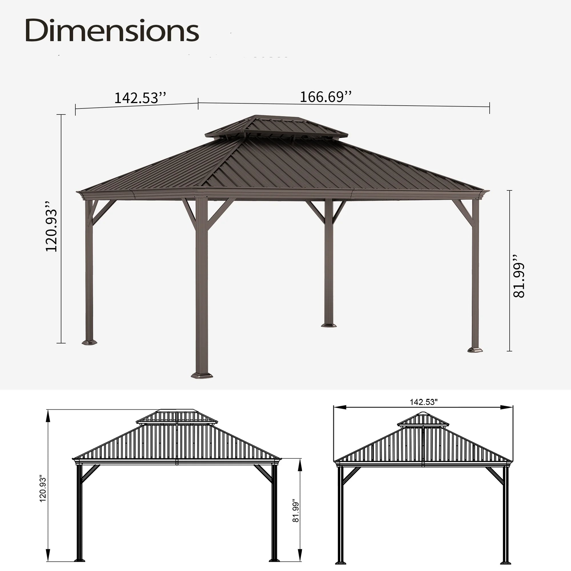 12' X 14' Hardtop Gazebo, Galvanized Steel Double Roof Canopy W/Curtains and Netting, Drainage System, Sunshade for Deck, Lawns and Backyard, Brown.