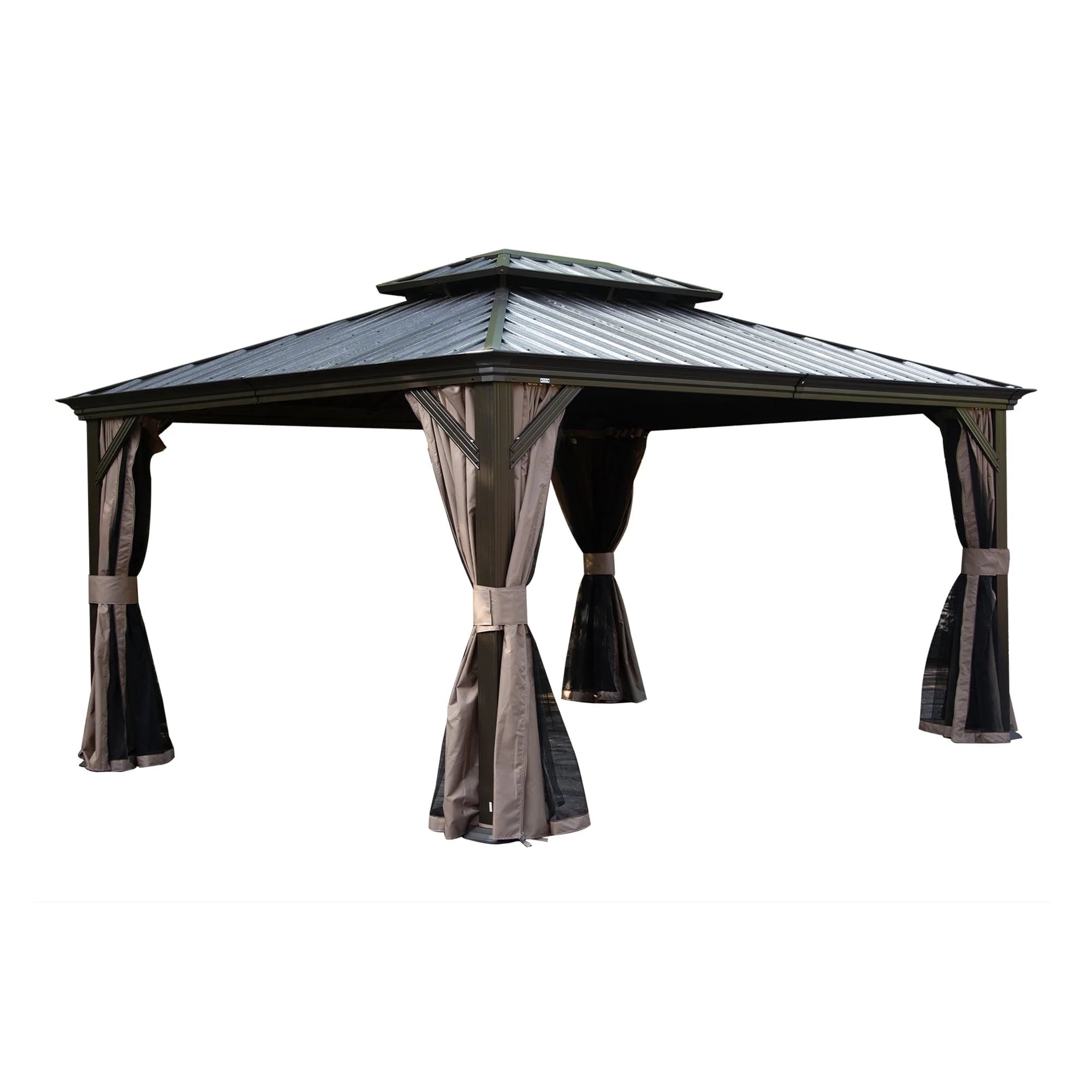 12' X 14' Hardtop Gazebo, Galvanized Steel Double Roof Canopy W/Curtains and Netting, Drainage System, Sunshade for Deck, Lawns and Backyard, Brown.