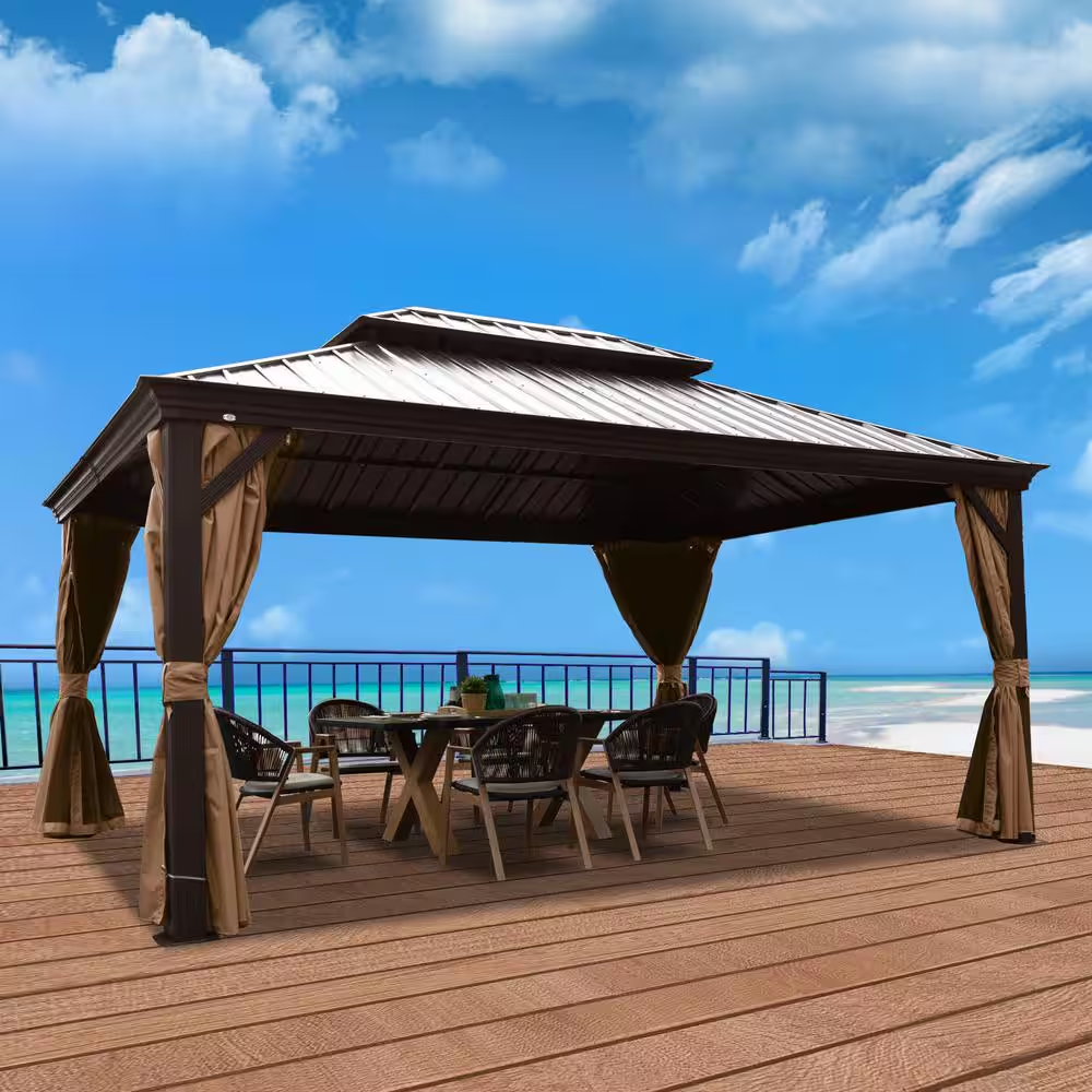 Alexander 12 Ft. D X 9 Ft. H X 16 Ft. W Aluminum Hardtop Gazebo W/Galvanized Steel Roof, Mosquito Net & Privacy Curtain