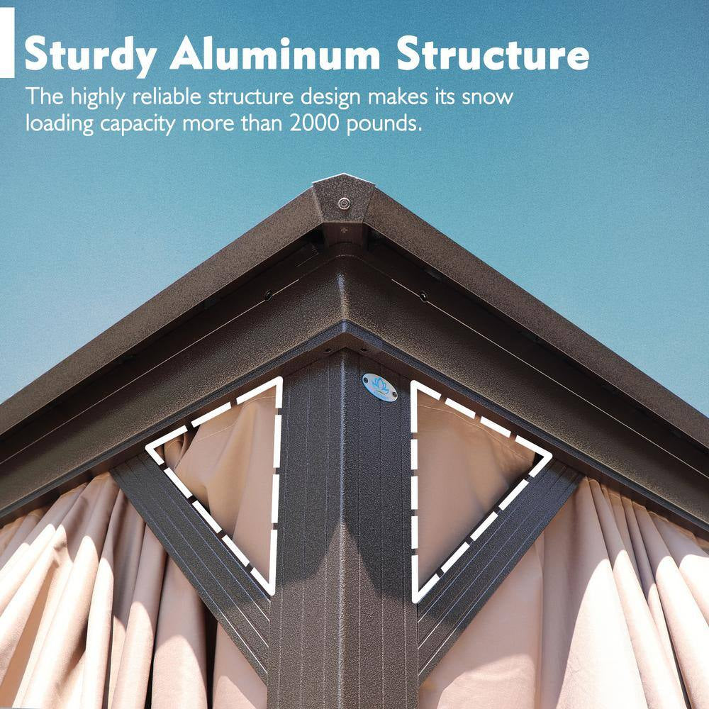 Caesar 12 Ft. X 16 Ft. Dark Brown Double Roof Permanent Hardtop Aluminum Gazebo with Netting and Sidewalls