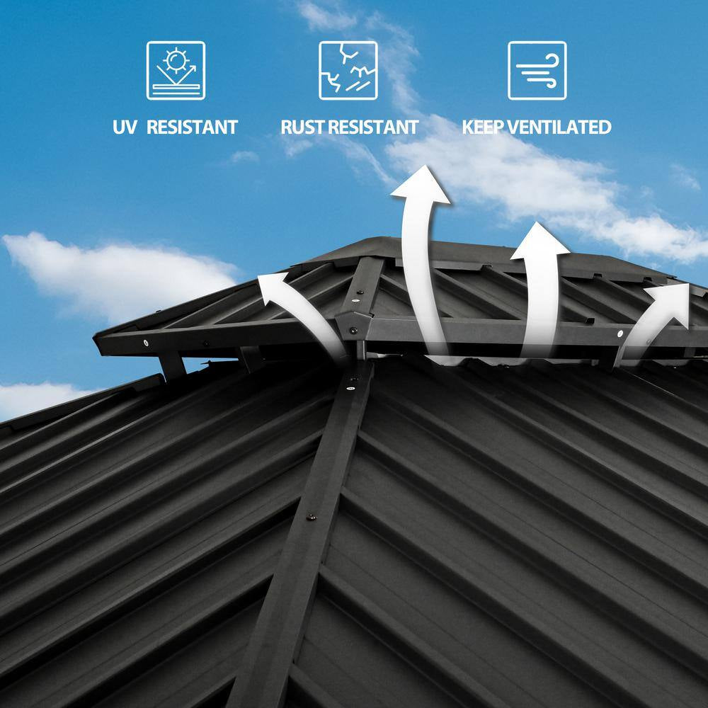 12 Ft. X 16 Ft. Double Roof Hardtop Wood Grain Aluminum Patio Gazebo with Netting and Khaki Curtains