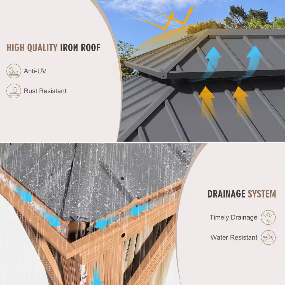 12 Ft. X 22 Ft. Double Galvanized Steel Roof Aluminum Frame Outdoor Patio Hardtop Gazebo Wooden Finish Coated