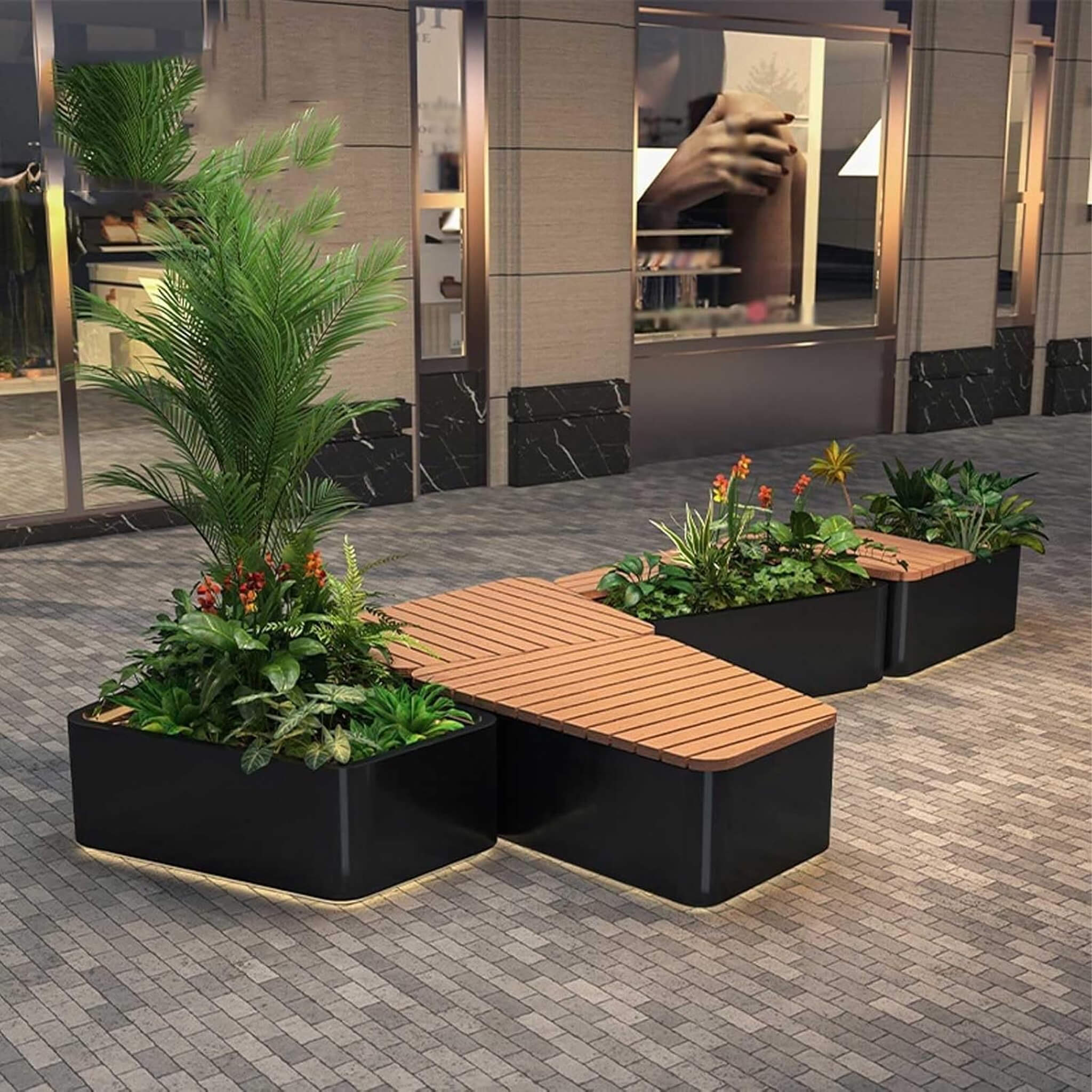 Heavy-Duty Commercial Outdoor Stainless Steel Bench With Wood Seat And Planter Box [Made-To-Order] (SAK41578)