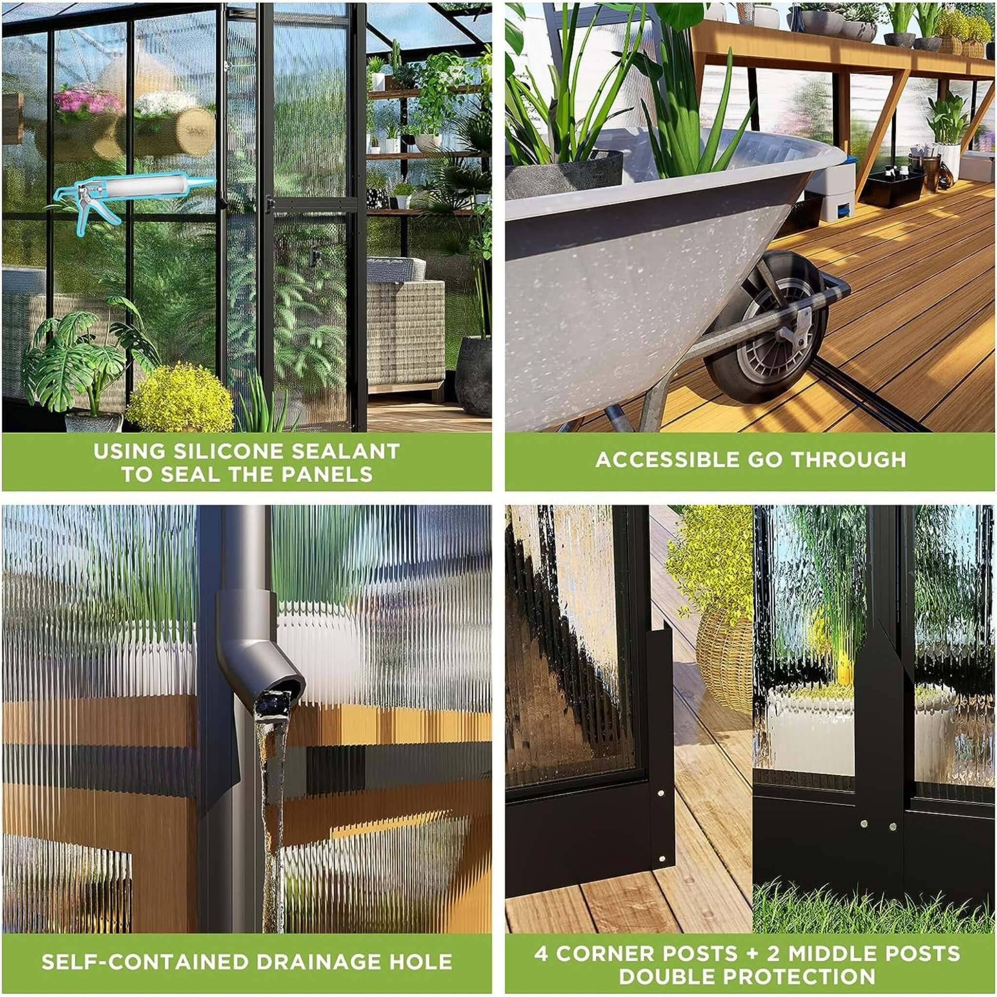 [08X12FT] Large Premium Outdoor Aluminum Polycarbonate Greenhouse With Double Swing Doors