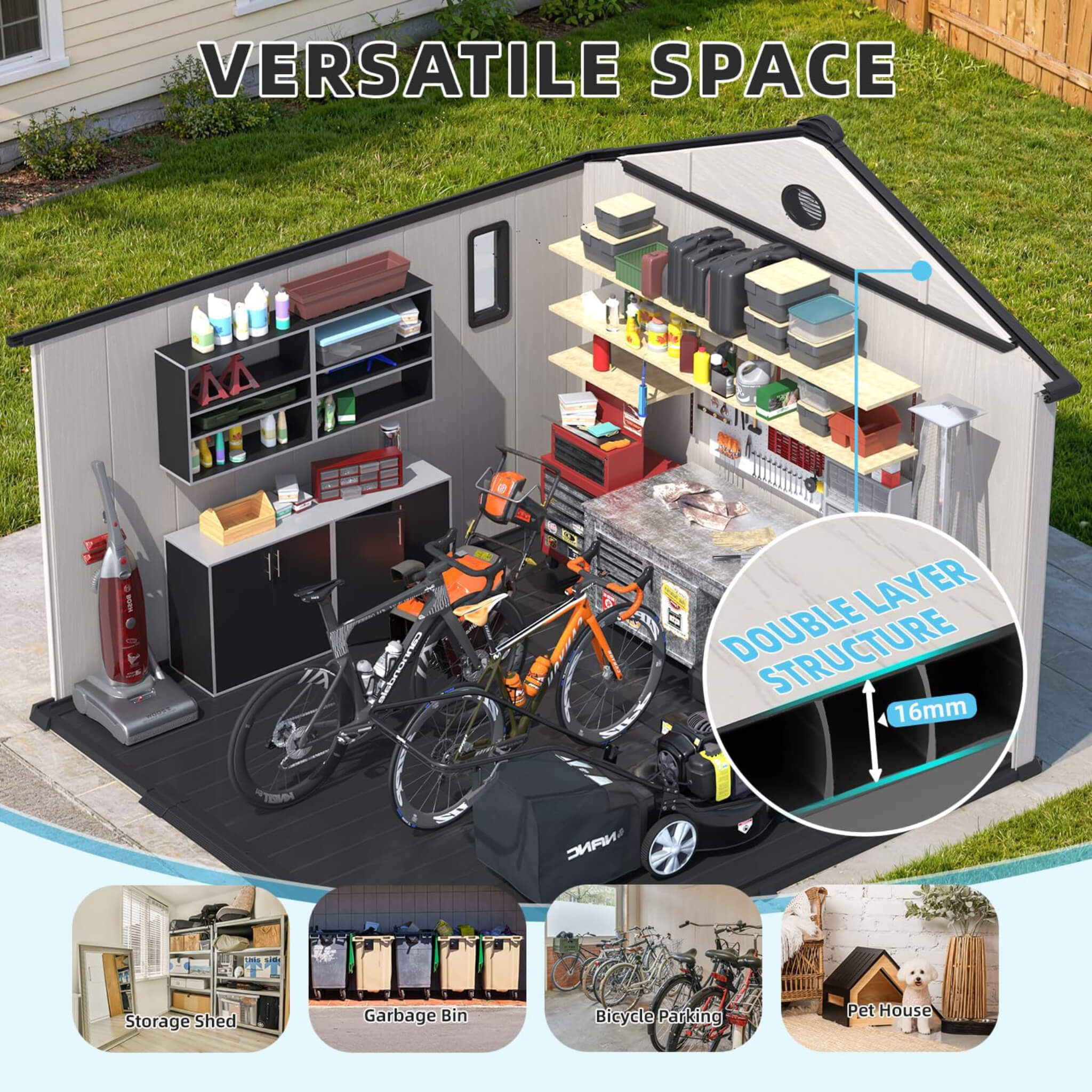 Large Outdoor Resin Storage Shed With Floor, Windows, Lockable Doors, Vents (SAK61784)
