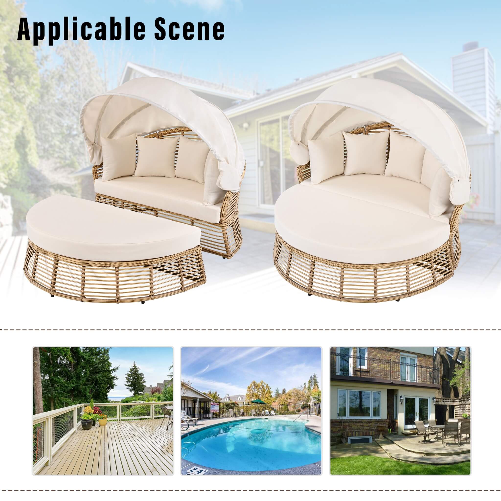 Alora 53-Inch Outdoor Patio Rattan Round Wicker Daybed With Retractable Canopy (SAK69241)