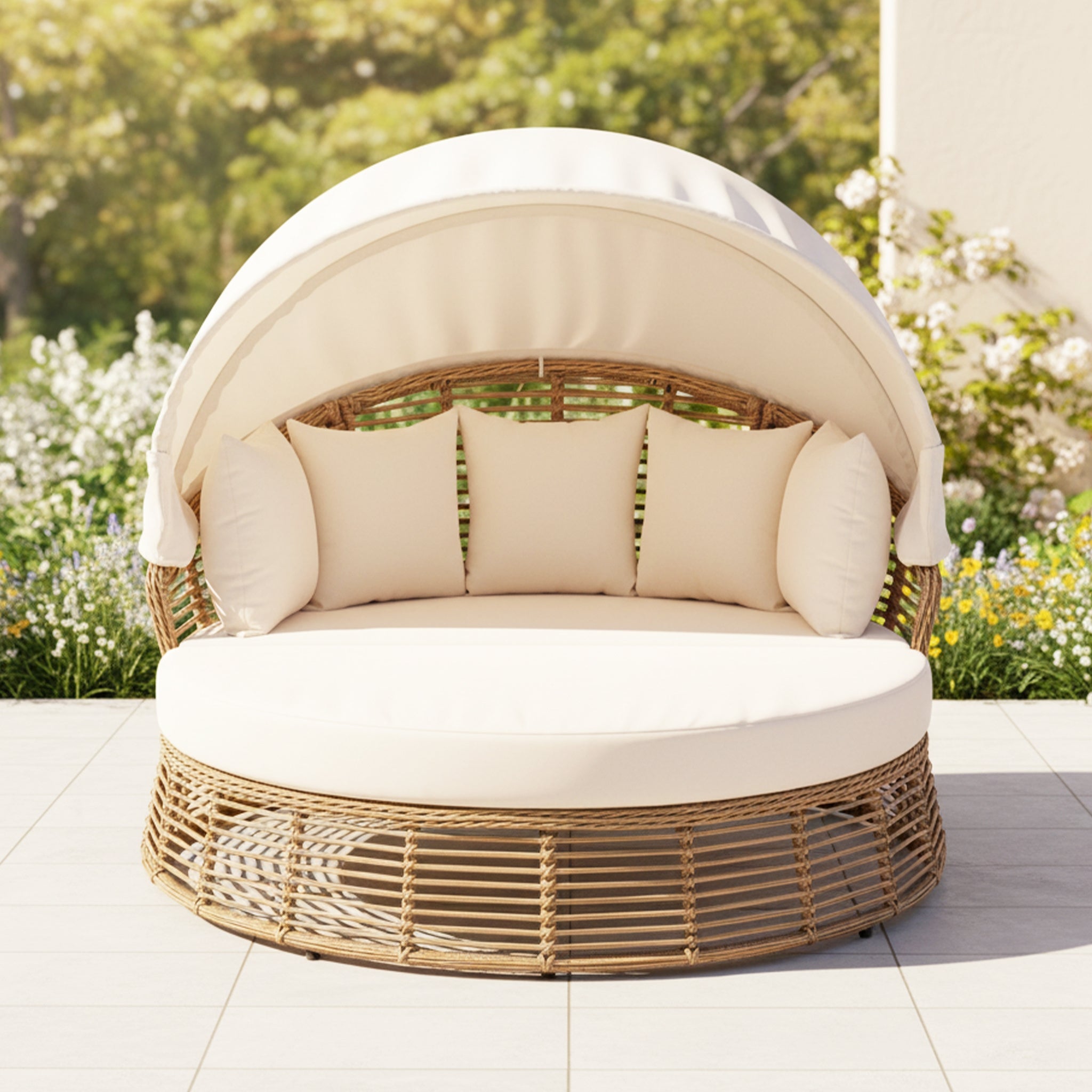 Alora 53-Inch Outdoor Patio Rattan Round Wicker Daybed With Retractable Canopy (SAK69241)