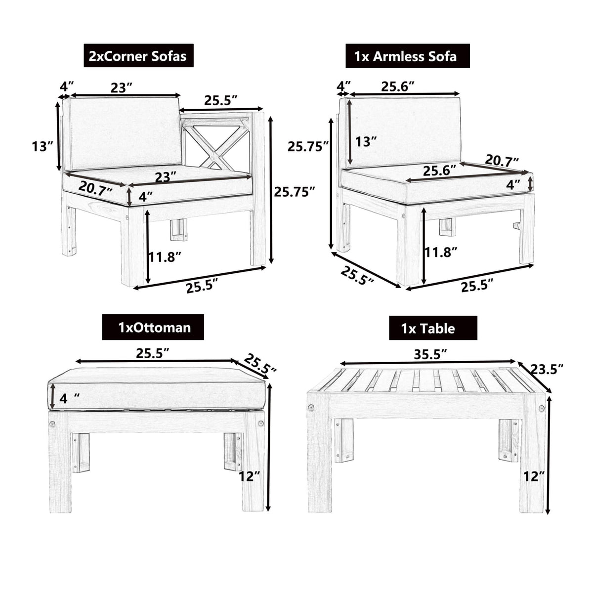 Alora 5-Piece Outdoor Patio Wood Sectional Sofa Set With Cushions (SAK31297)