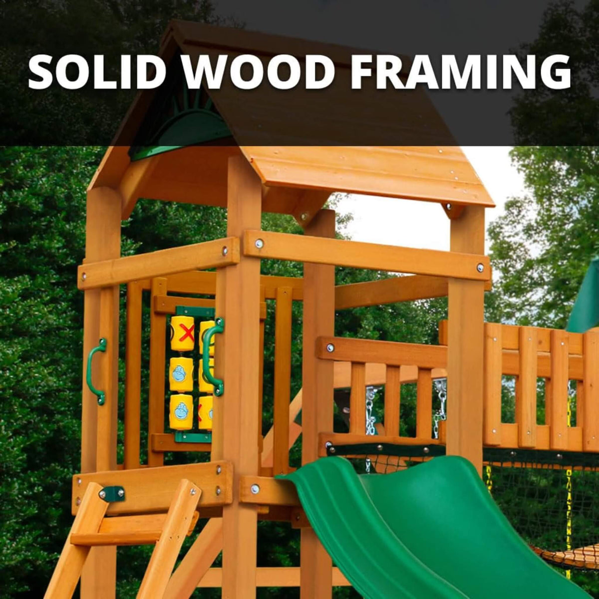 Premium Cedar Wood Swing Set With Tower Tire Swing Slide Ramp And Clatter Bridge (SAK85961)