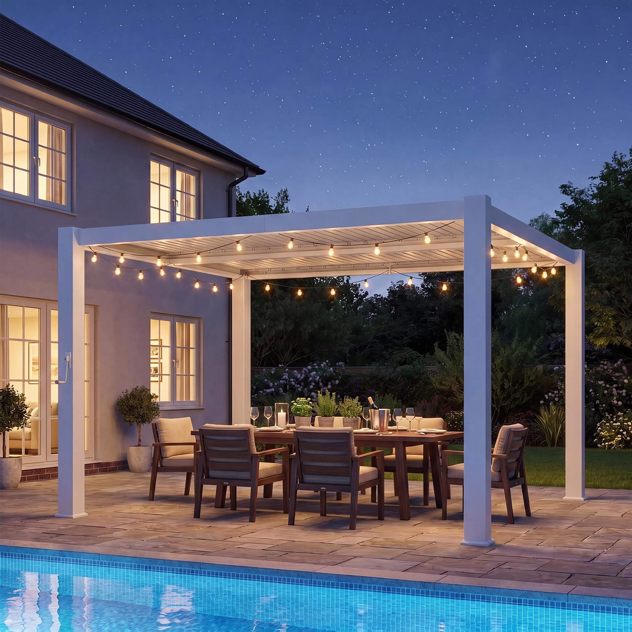 Alora Premium White Outdoor Metal Louvered Pergola With Drainage System (SAK87265)