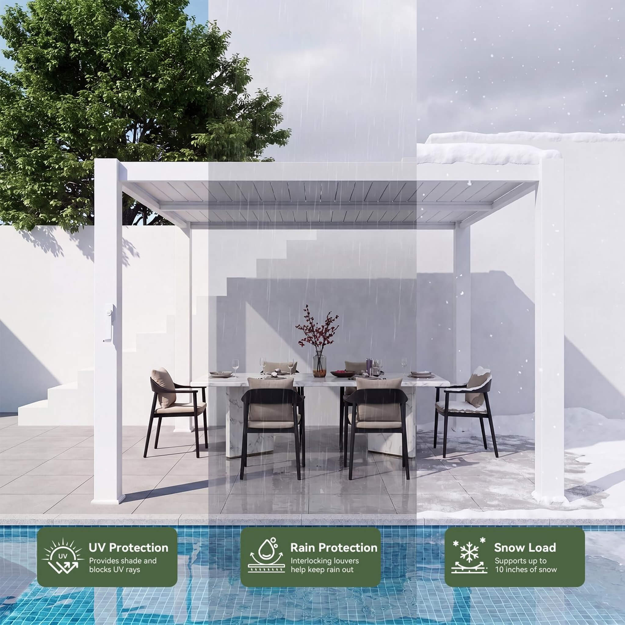 Alora Premium White Outdoor Metal Louvered Pergola With Drainage System (SAK87265)