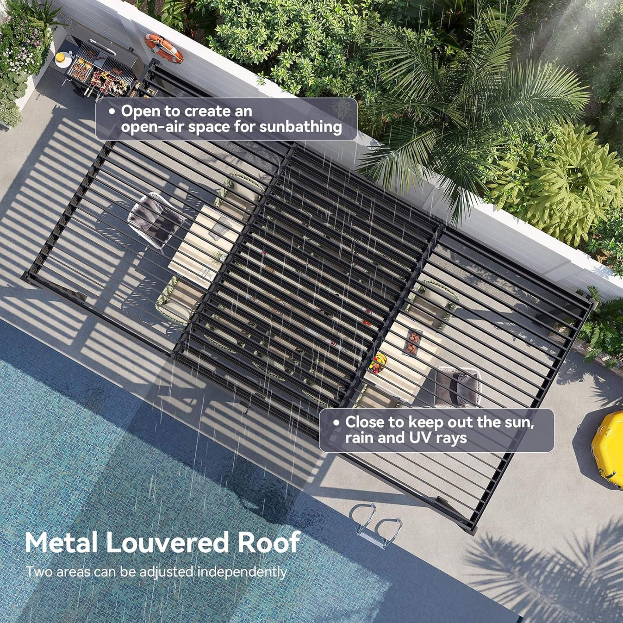 Alora Premium Gray Outdoor Metal Pergola With Louvered Roof And Drainage System (SAK76143)
